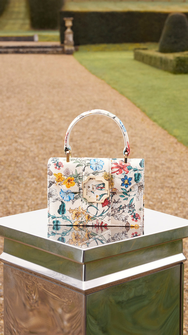 Women's luxury Mini Floral Cream Canvas Square Top Handbag Malone Souliers