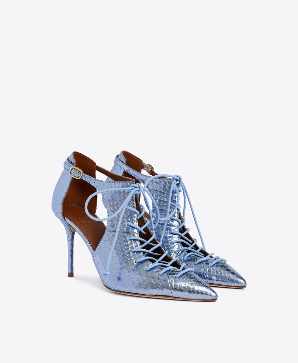 Steel Blue Metallic Lace-up Stiletto Pumps - Deep V-cut Pointed Toe | Malone Souliers