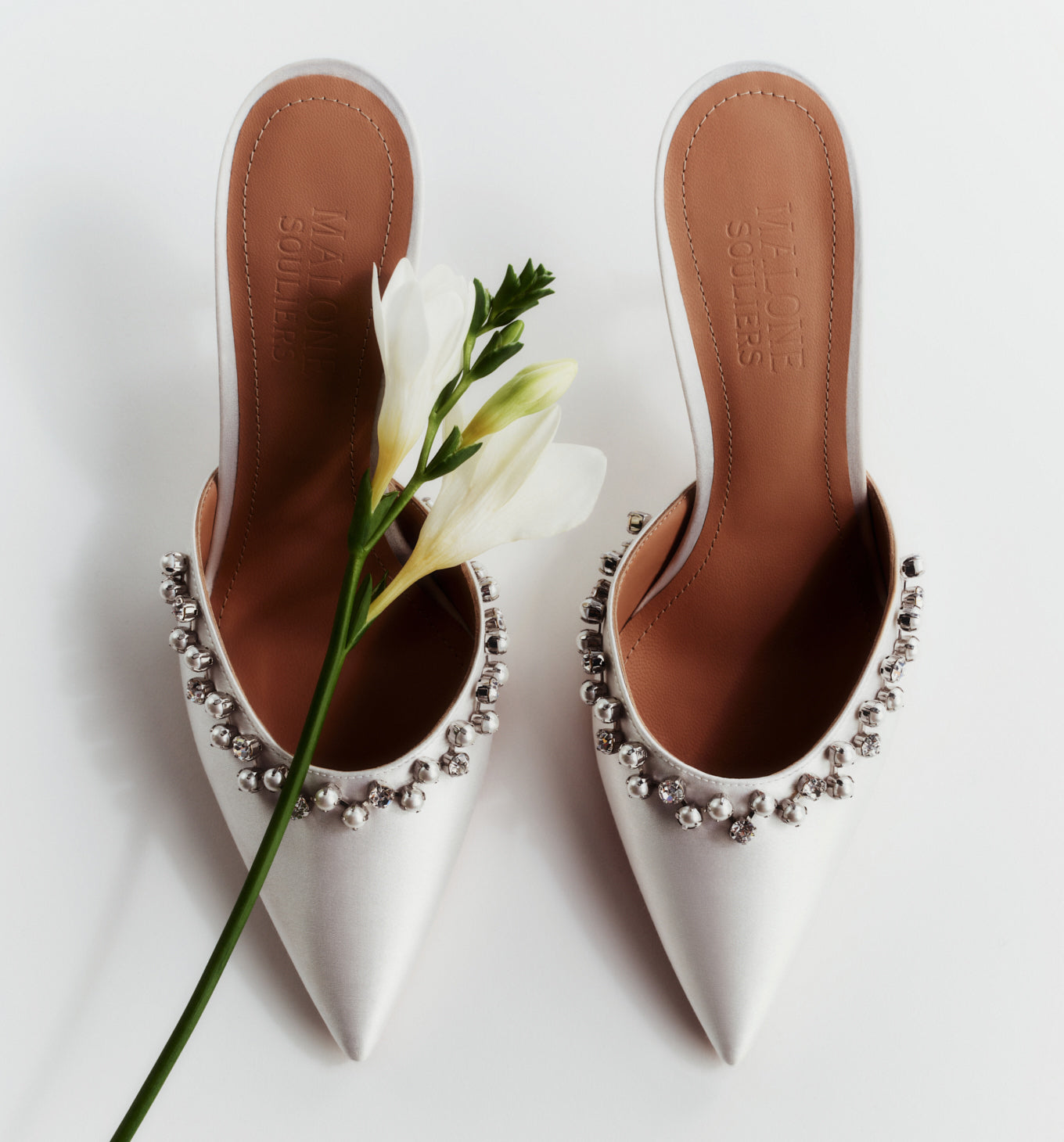 Women's Luxury Bridal 70mm White Satin Curved Heel Mules Malone Souliers