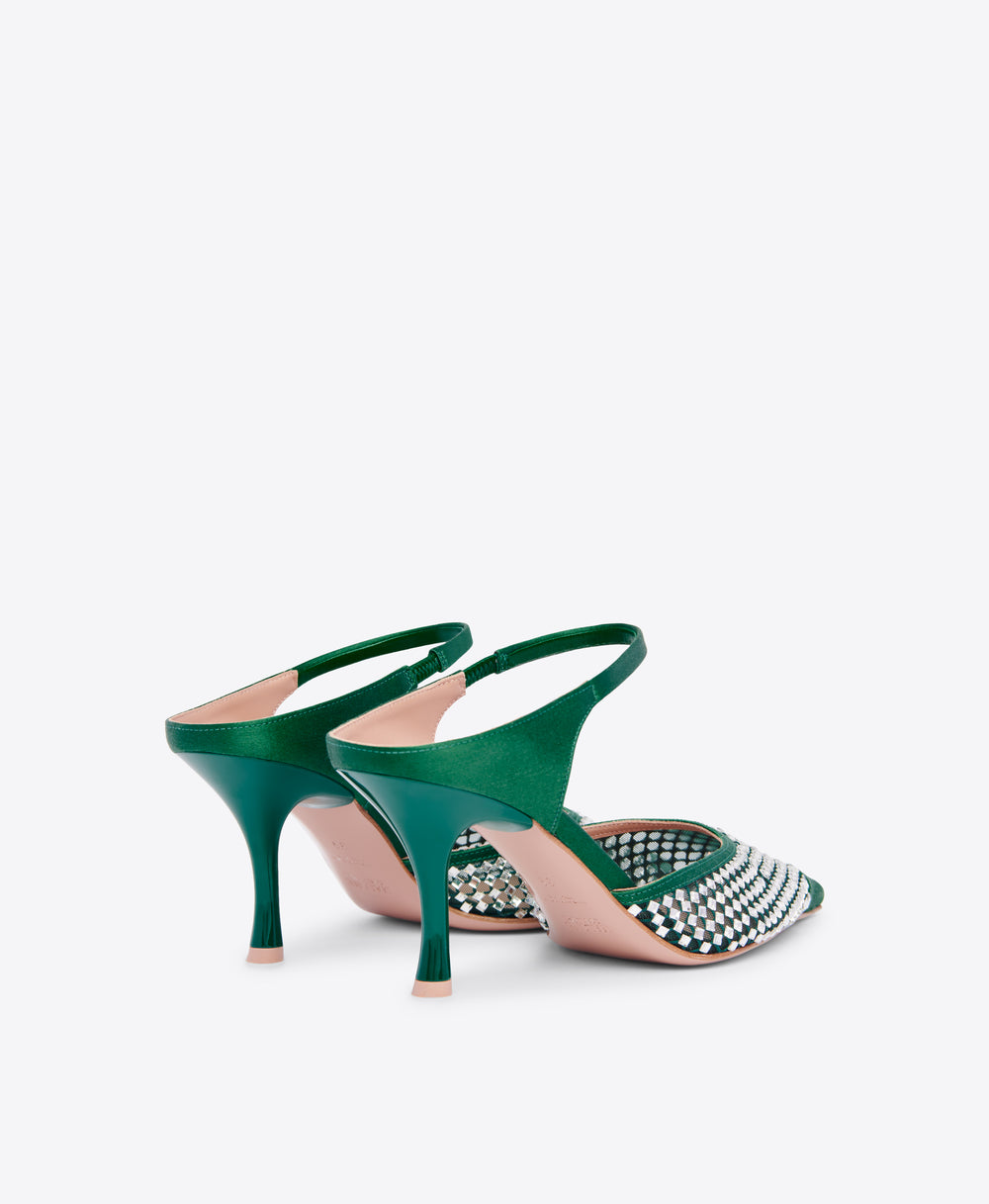 Vega 70 Crystal Mesh Forest Green Satin Mule Malone Souliers