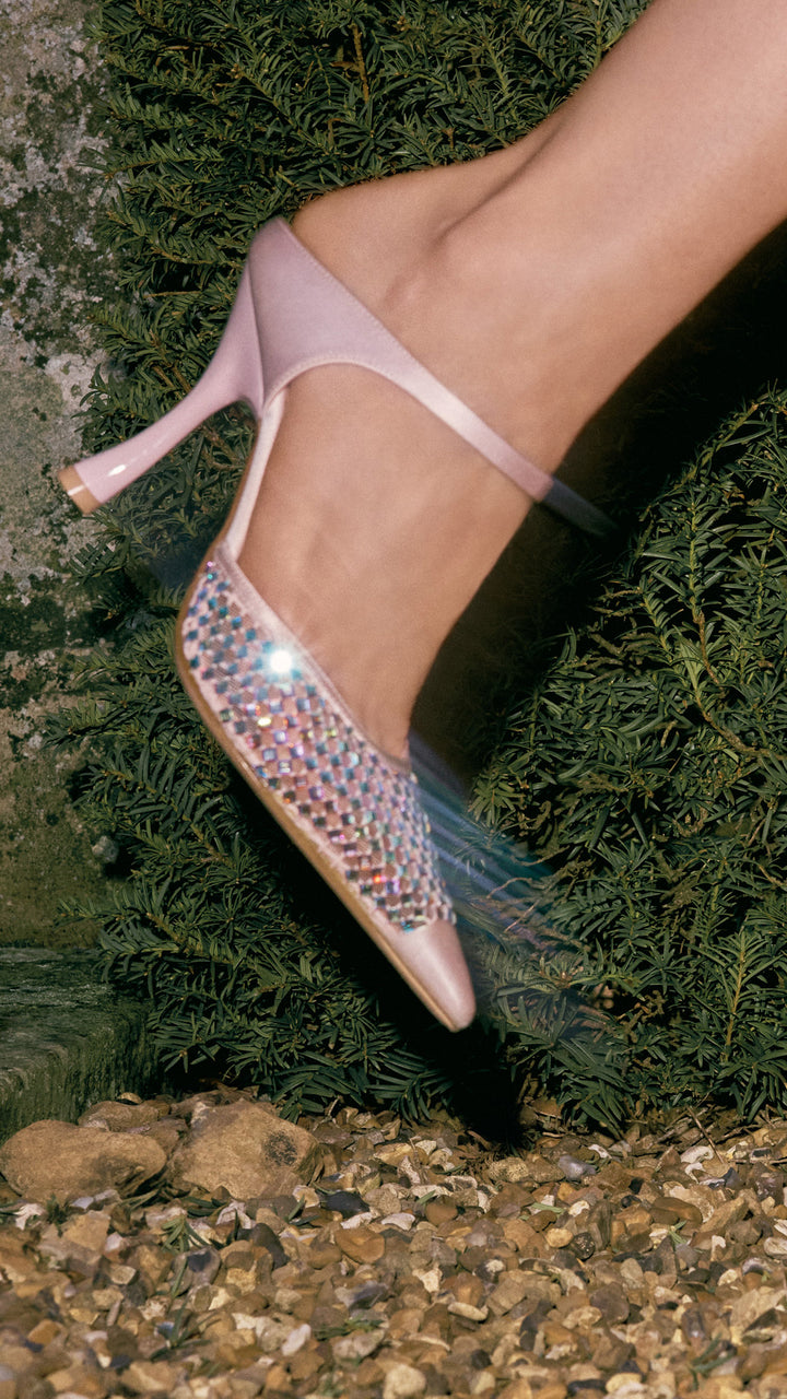 Women's designer 90mm Pastel Pink Crystal Satin Heeled Mules Malone Souliers