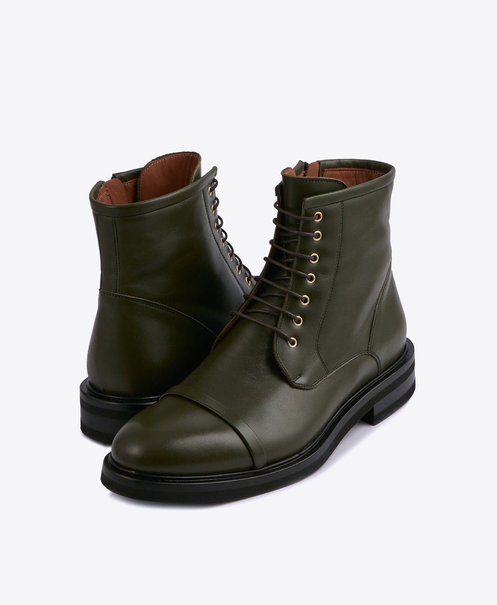 Men's Green Leather Combat Boots With Laces Malone Souliers