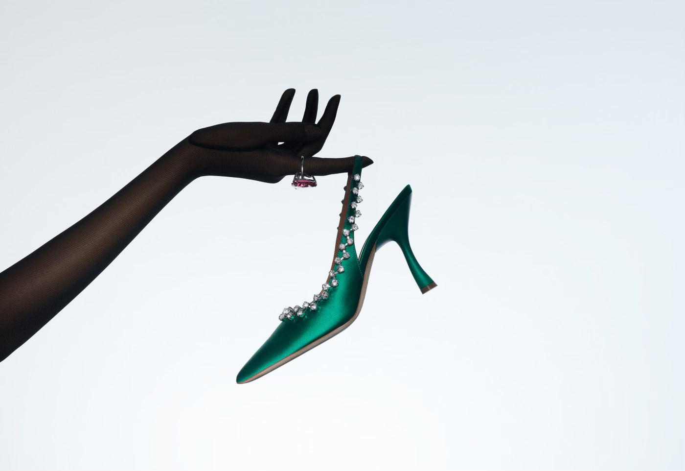 Women's Green Satin Heeled Slingbacks with Crystal Embellishments Malone Souliers