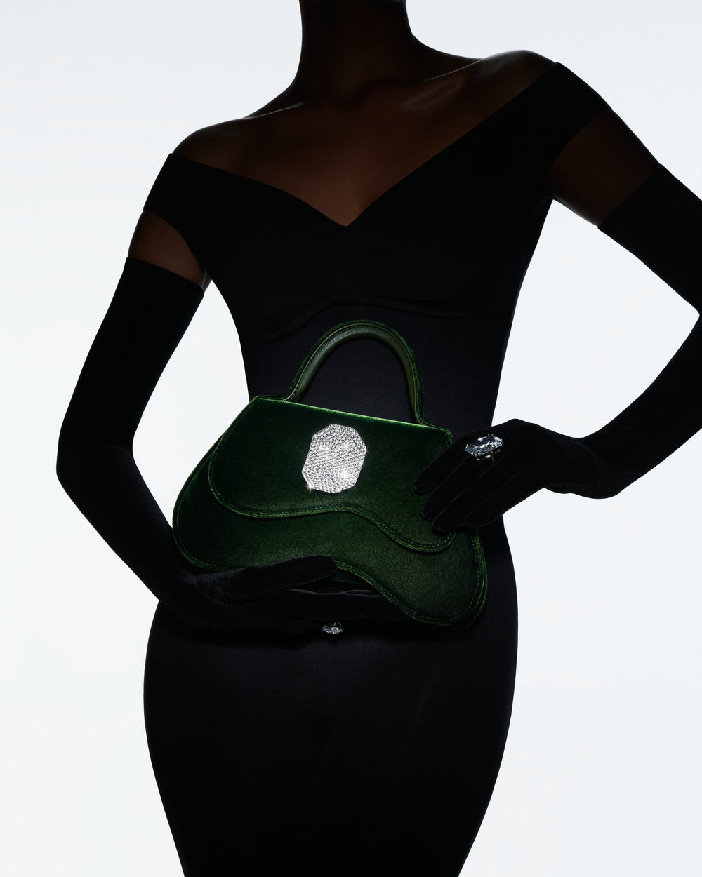 Women's Green Velvet Handbag with Crystal Ornament Malone Souliers