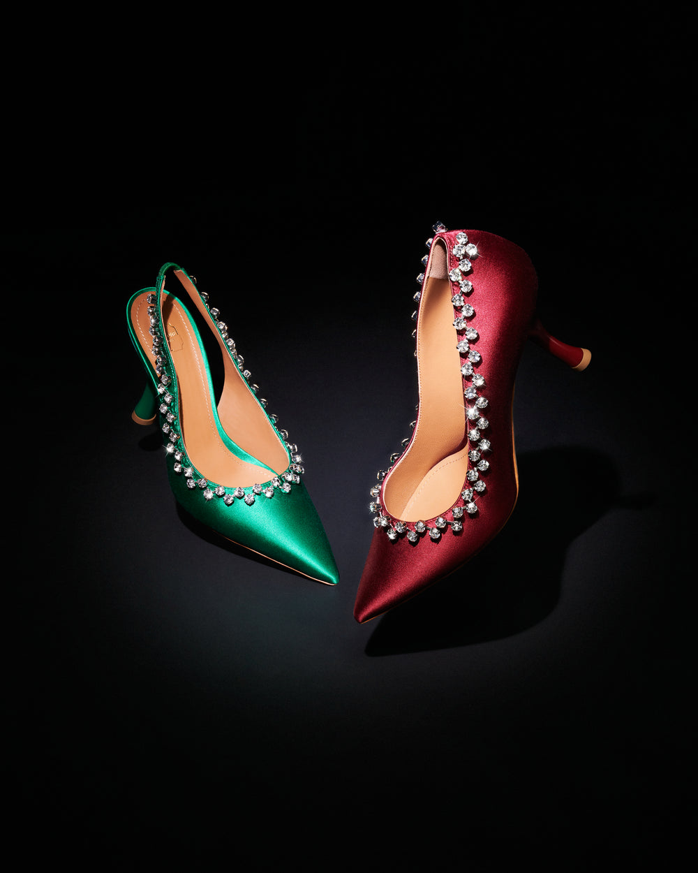 Women's Green Satin Heeled Slingbacks with Red Satin Heeled Pumps Malone Souliers