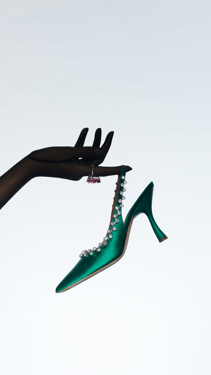 Women's Green Satin Heeled Slingbacks with Crystal Embellishments Malone Souliers