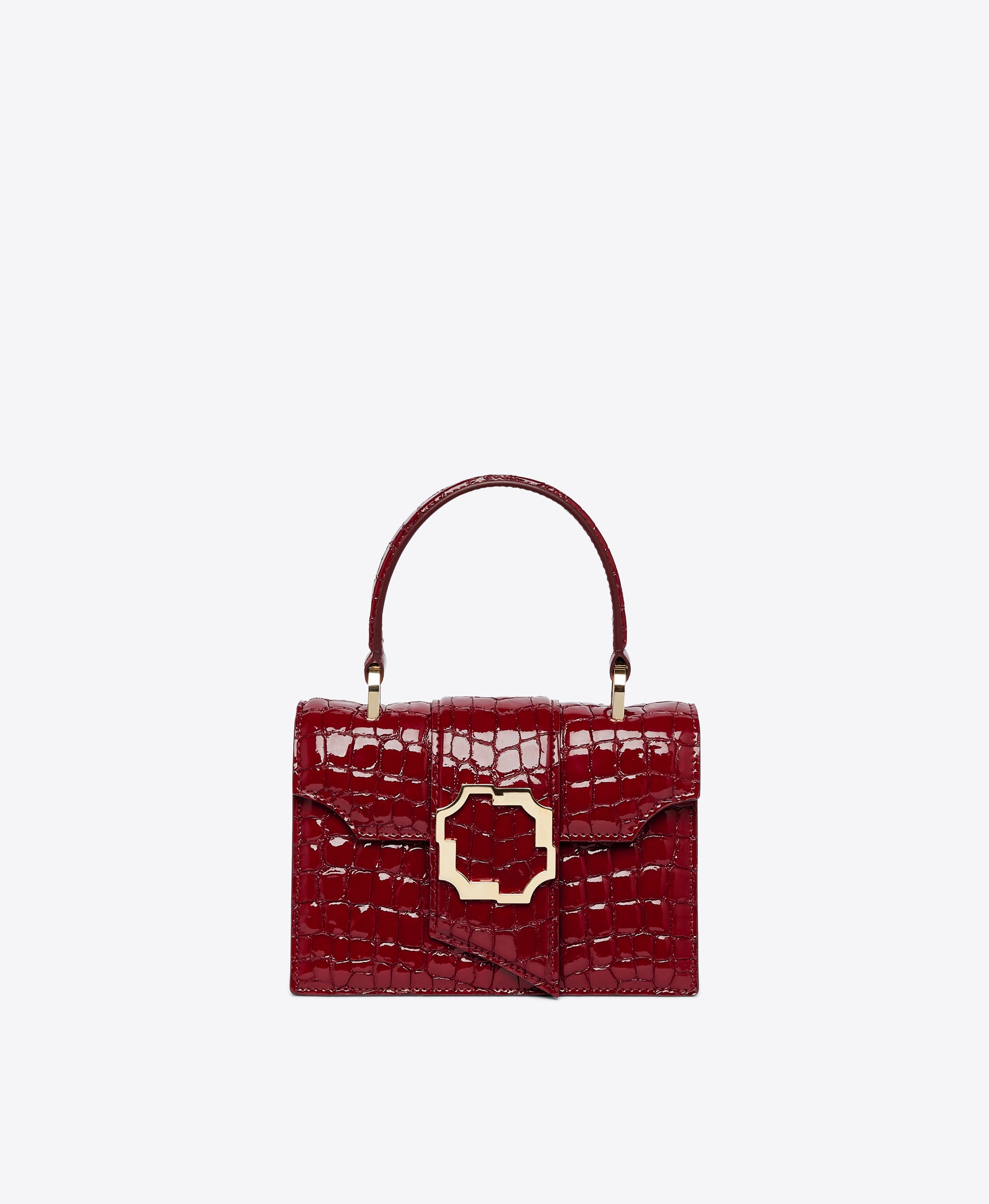 Women's Burgundy Embossed Patent Top Handle Bag with Crest Buckle | Malone Souliers