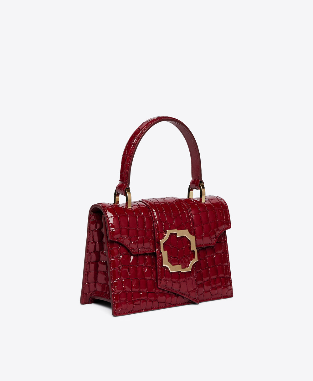 Women's Burgundy Embossed Patent Top Handle Bag with Crest Buckle | Malone Souliers