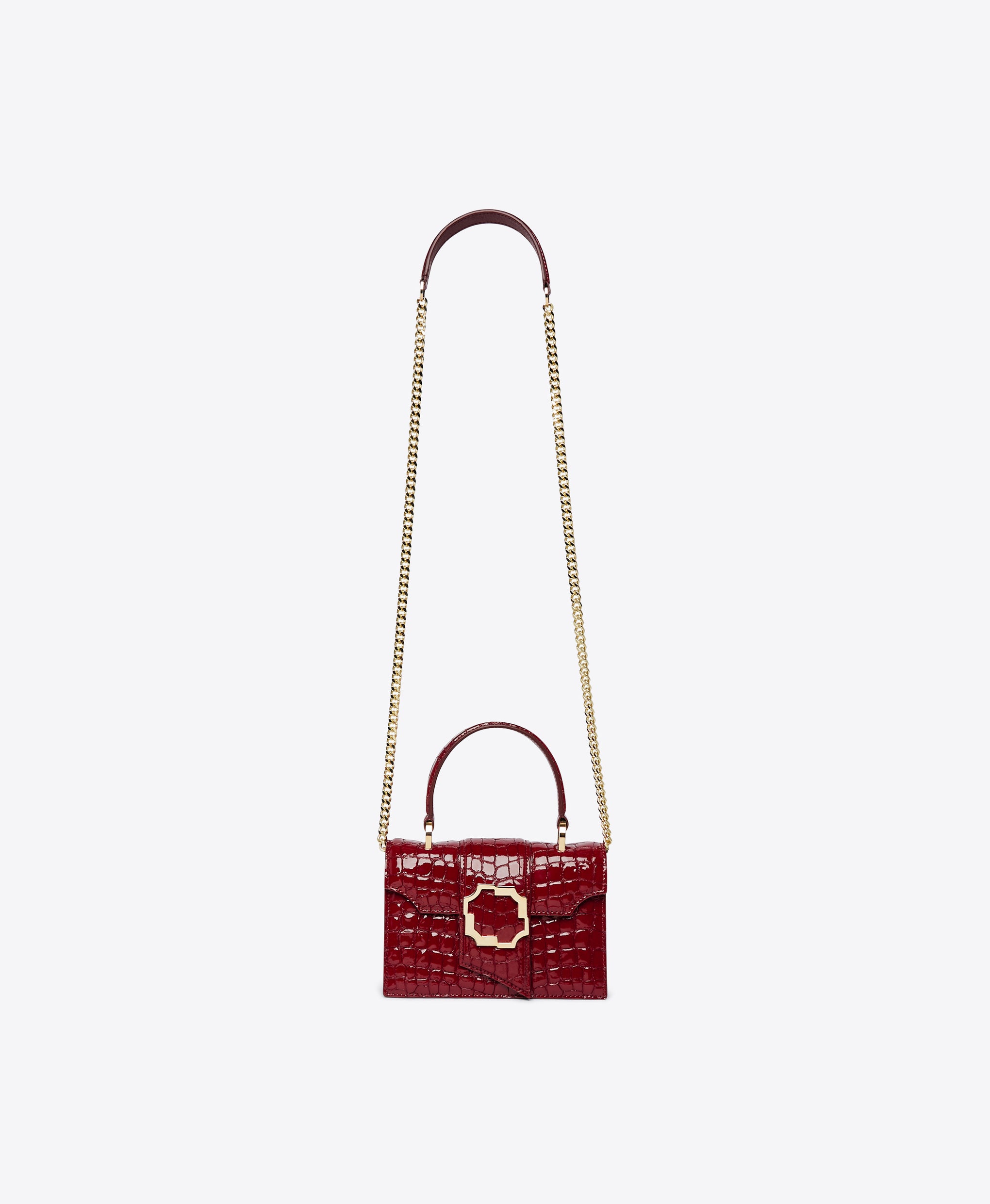 Women's Burgundy Embossed Patent Top Handle Bag with Crest Buckle | Malone Souliers