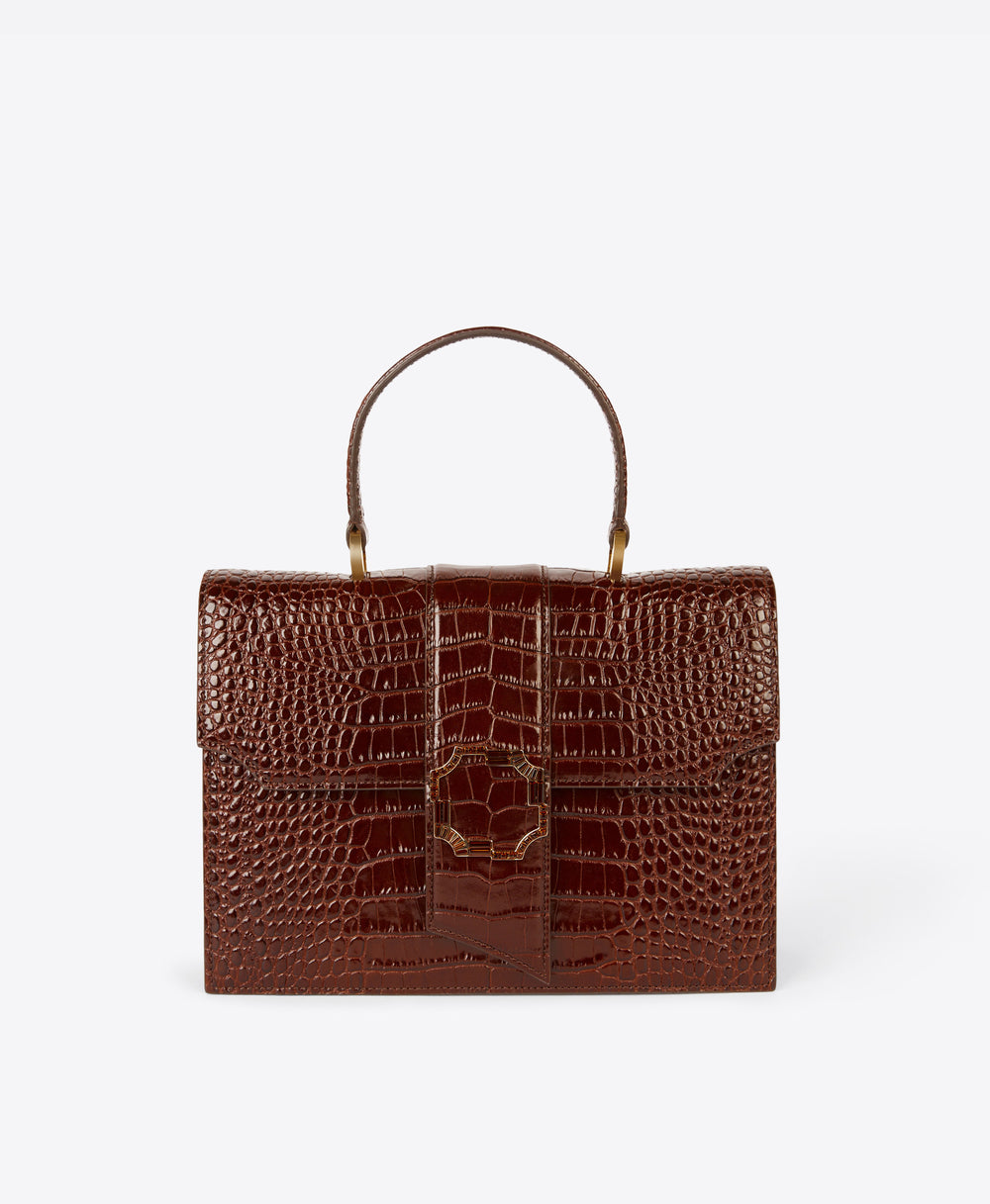 Women's Tobacco Embossed Croc Leather Handbag Malone Souliers
