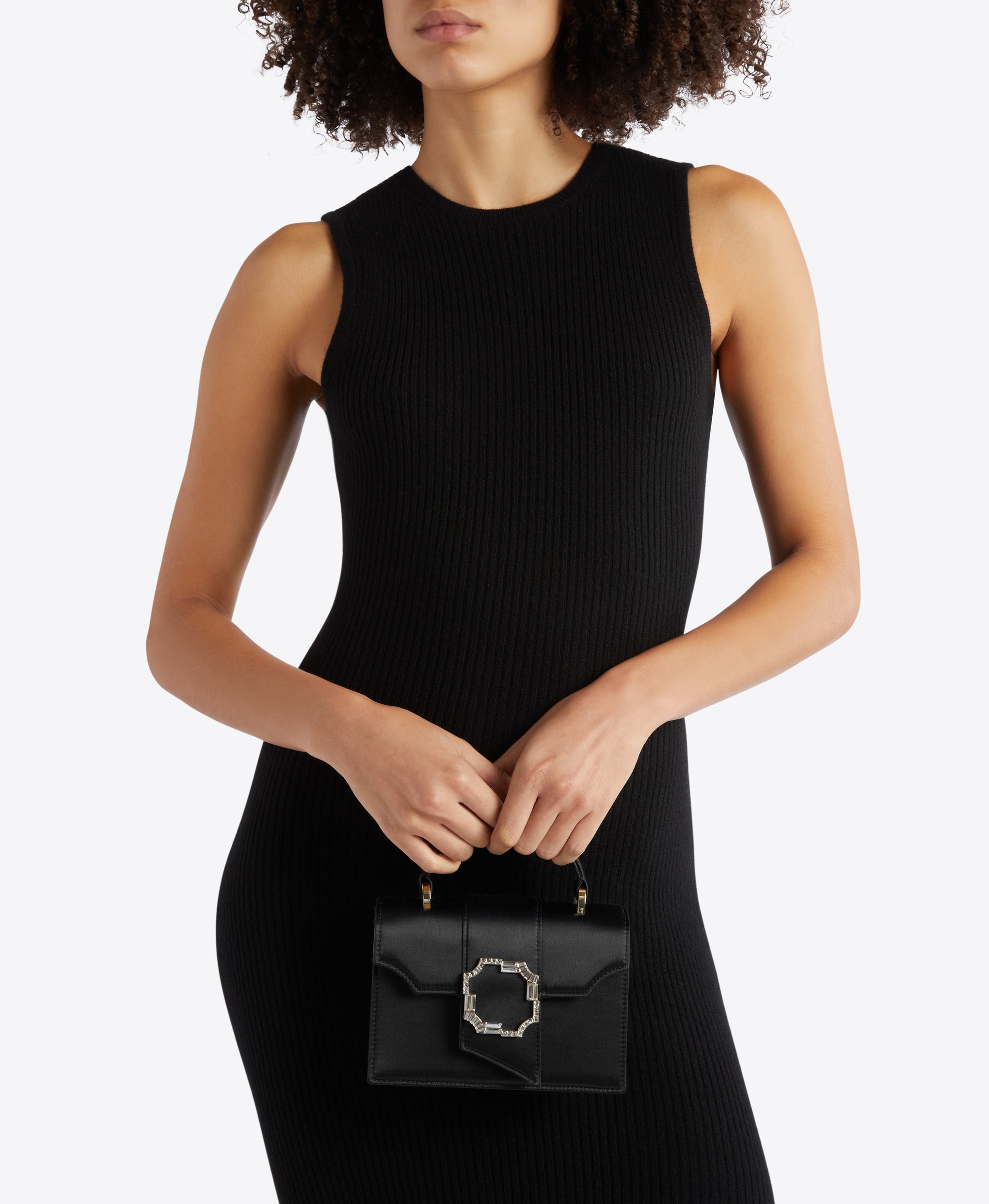 Audrey Mini Black Satin Handbag with Crest Buckle Malone Souliers