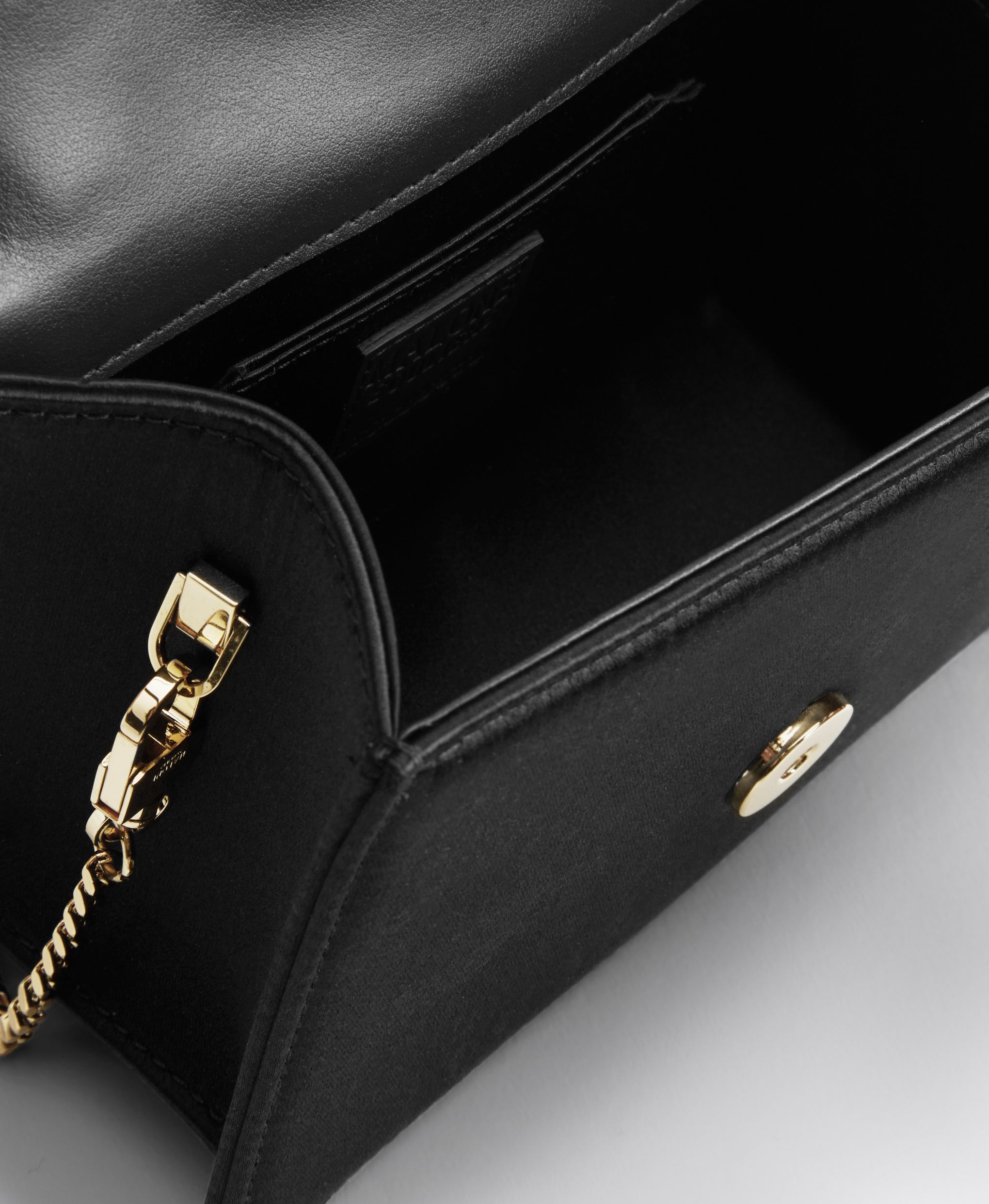 Audrey Mini Black Satin Handbag with Crest Buckle Malone Souliers