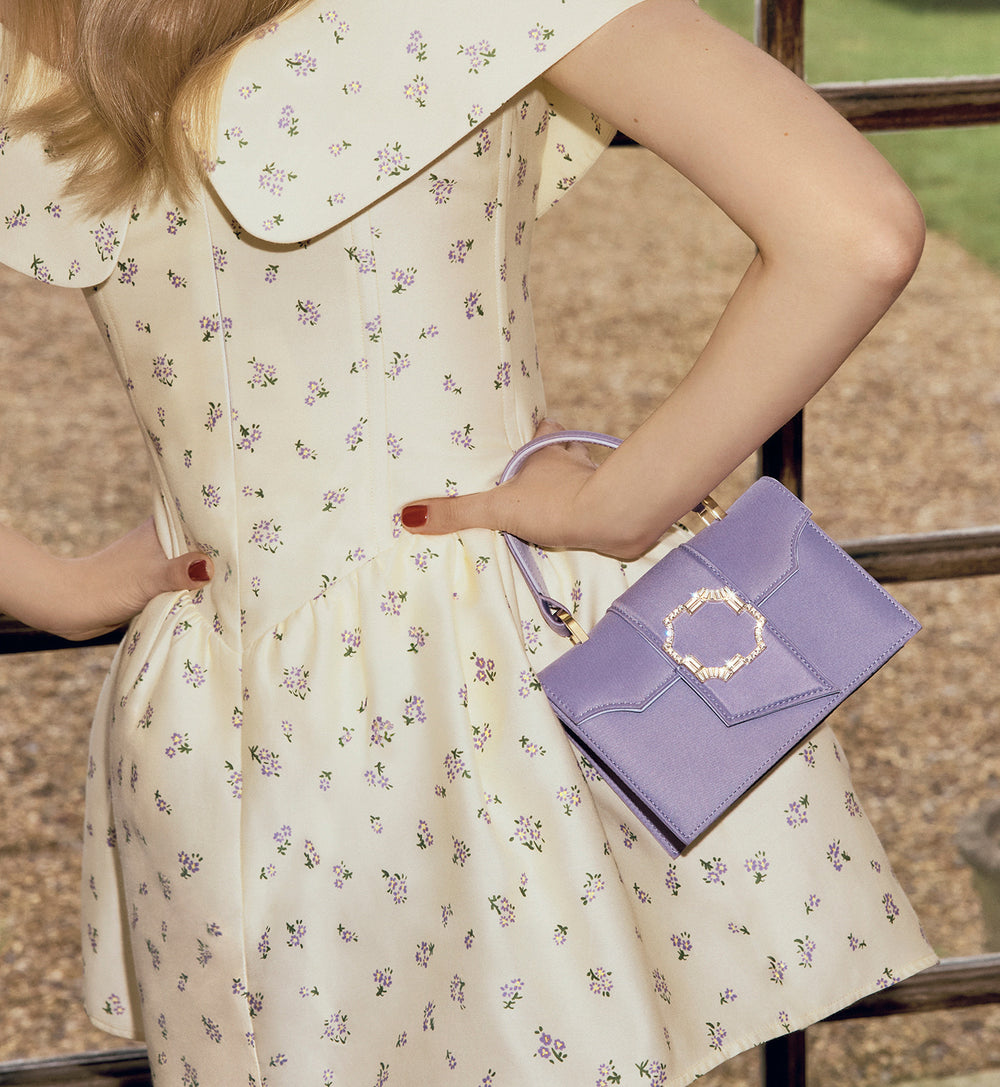 Women's designer Mini Lilac Square Top Satin Handbag Malone Souliers