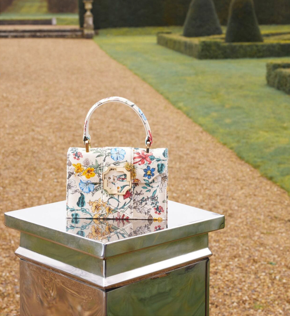 Women's designer Mini Floral Cream Canvas Square Top Handbag Malone Souliers