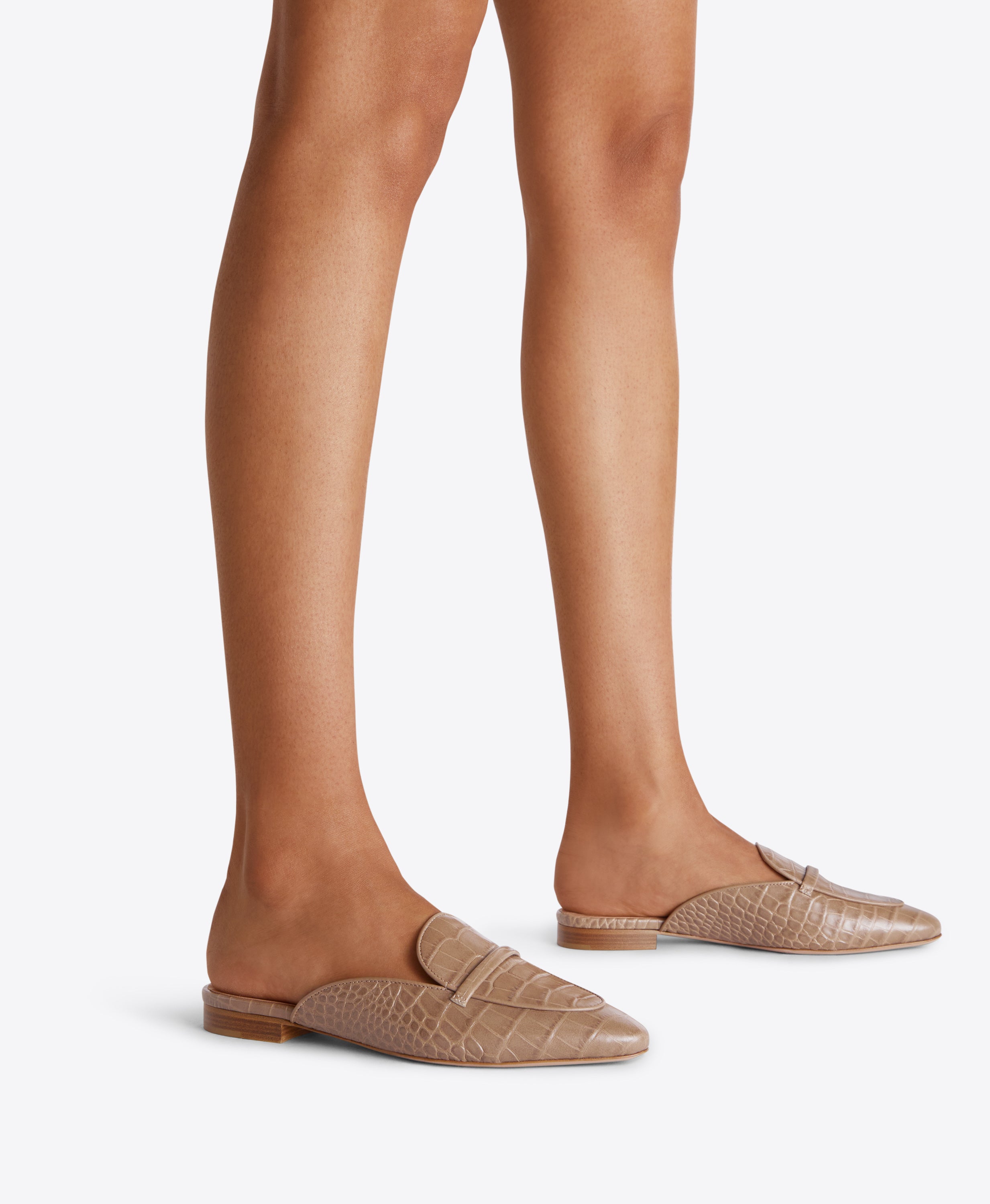 Berto Taupe Embossed Leather Flat Slides | Malone Souliers