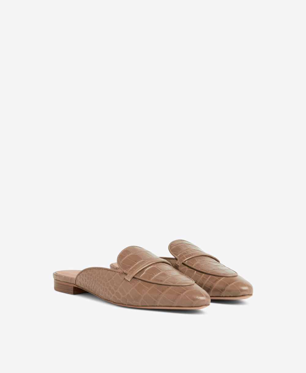 Malone Souliers Berto Taupe Embossed Leather Flat Slides