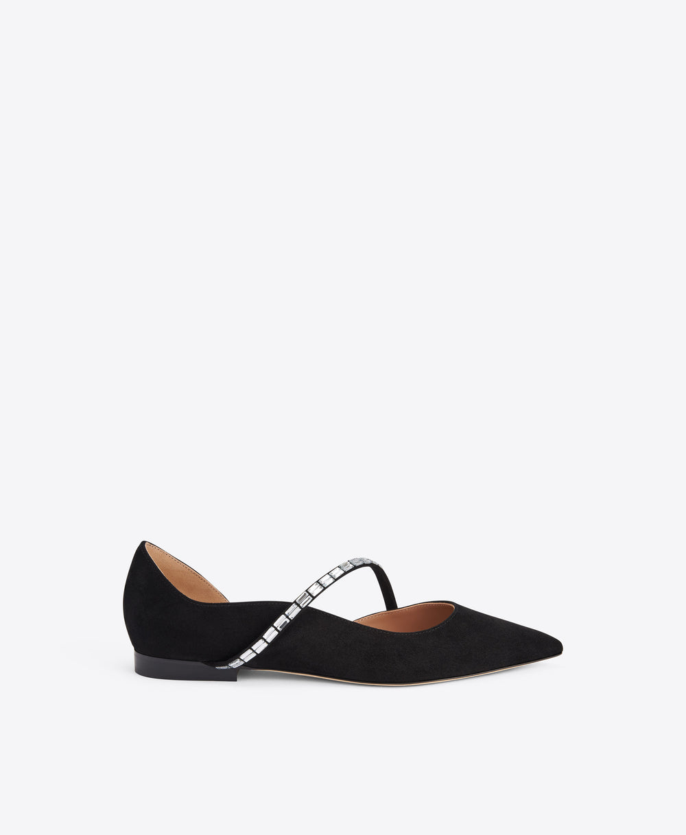 Bettina Black Crystal-Embellished Suede Flat Pumps Malone Souliers