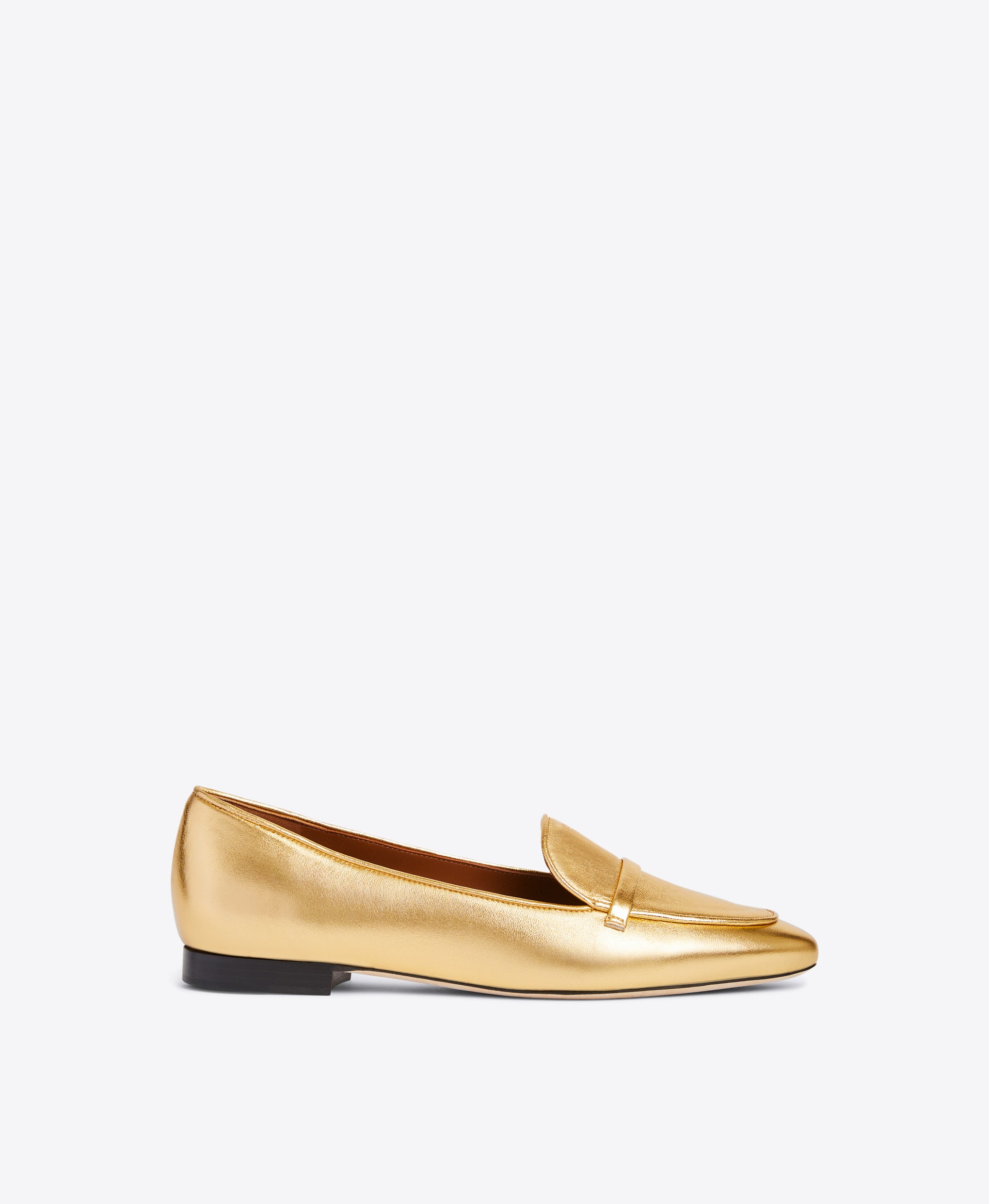 Gold Metallic Nappa Loafers - Elongated Almond Toe with Strap Detail on Monoblock | Malone Souliers