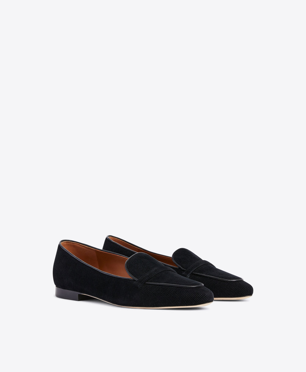 Black Velvet Corduroy Loafers - Elongated Almond Toe with Strap Detail on Monoblock | Malone Souliers