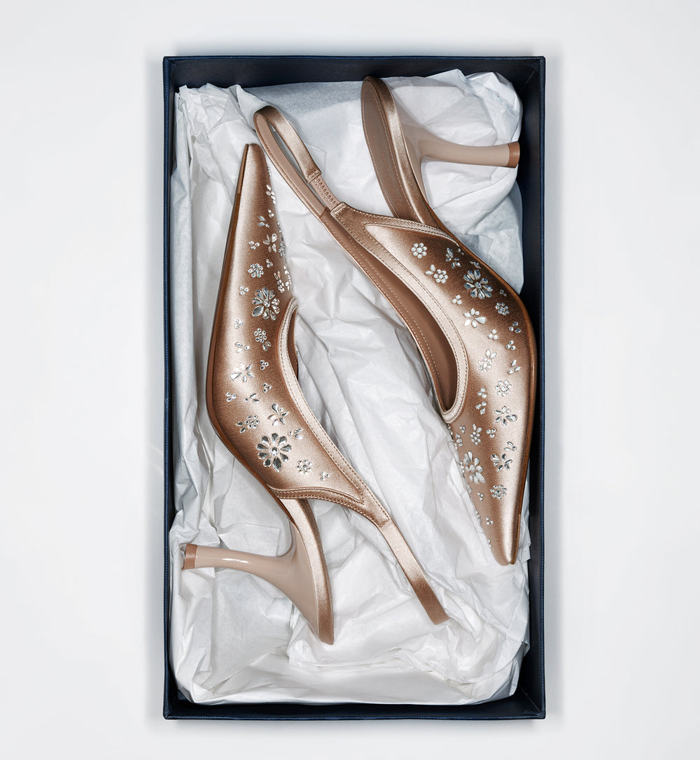 Women's designer Champagne Crystal Embellished Satin Heeled Slingbacks Malone Souliers x Tabitha Simmons