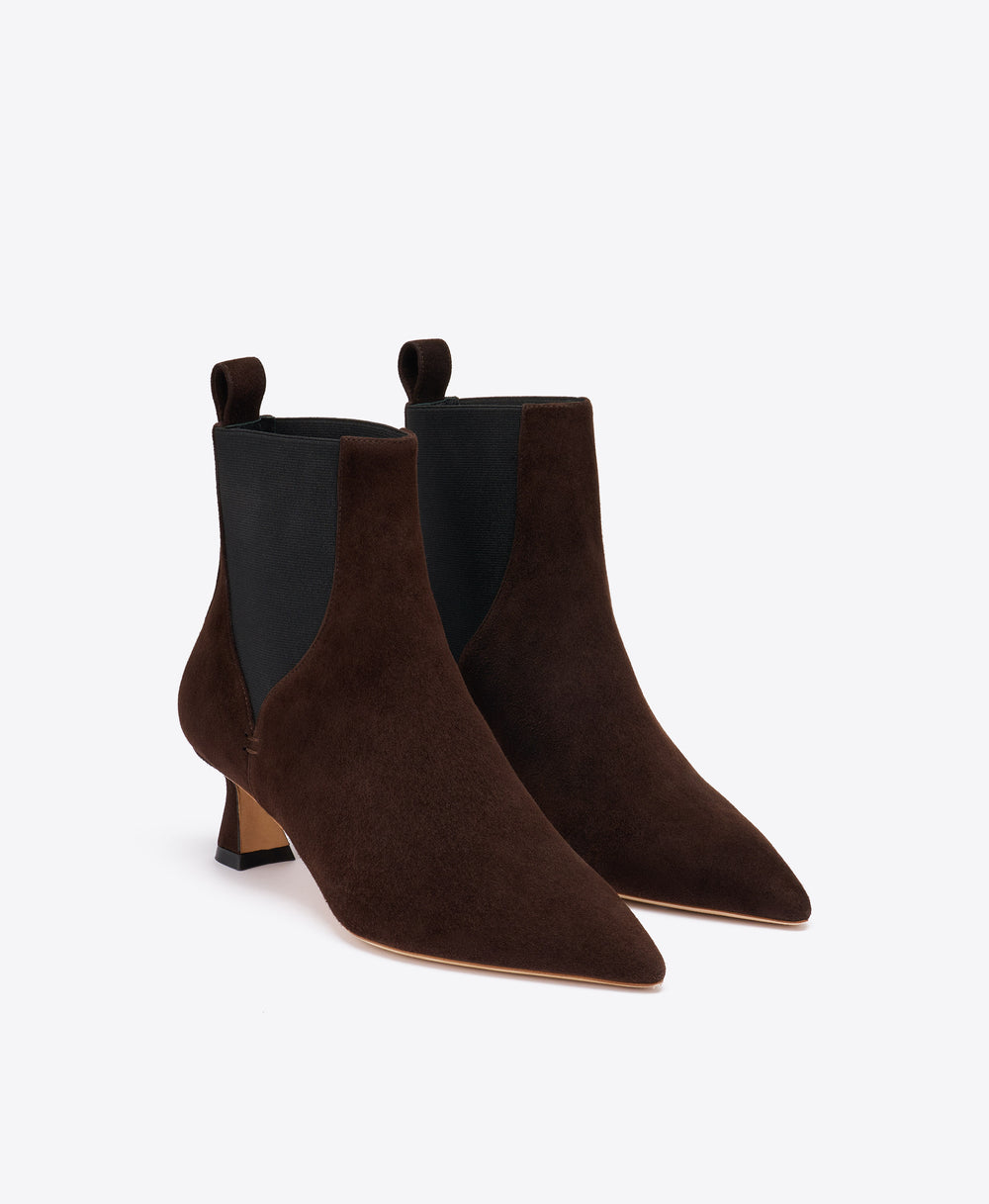 Carolyn 45 Dark Brown Suede Ankle Boots with Block Kitten Heel Malone Souliers