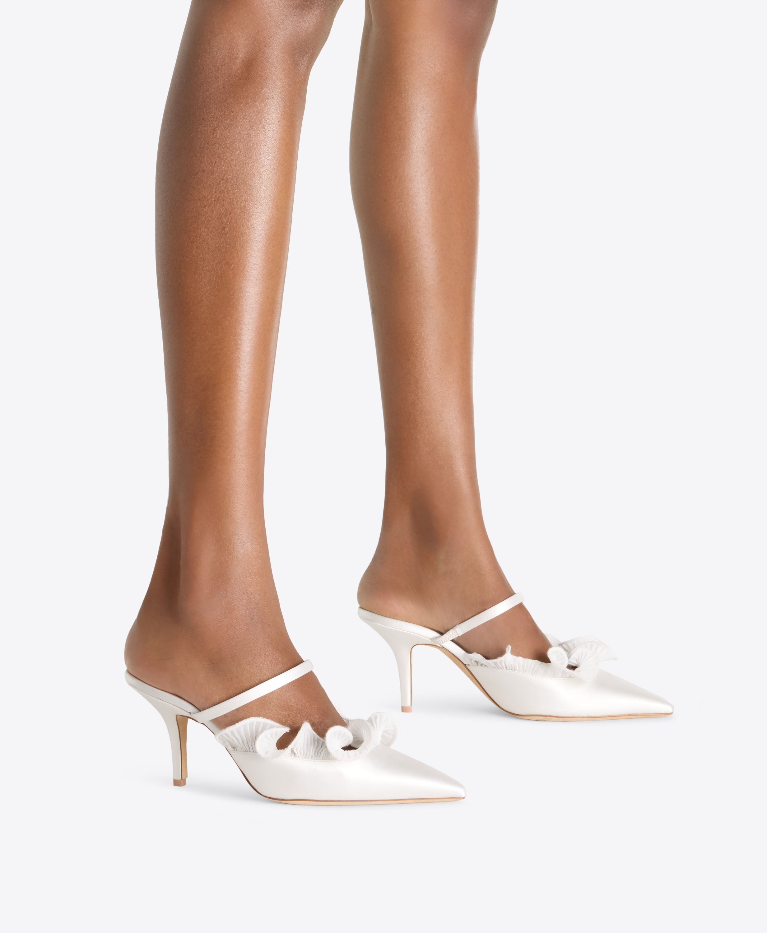 Malone Souliers|Cecile 70 White Satin Heeled Mules