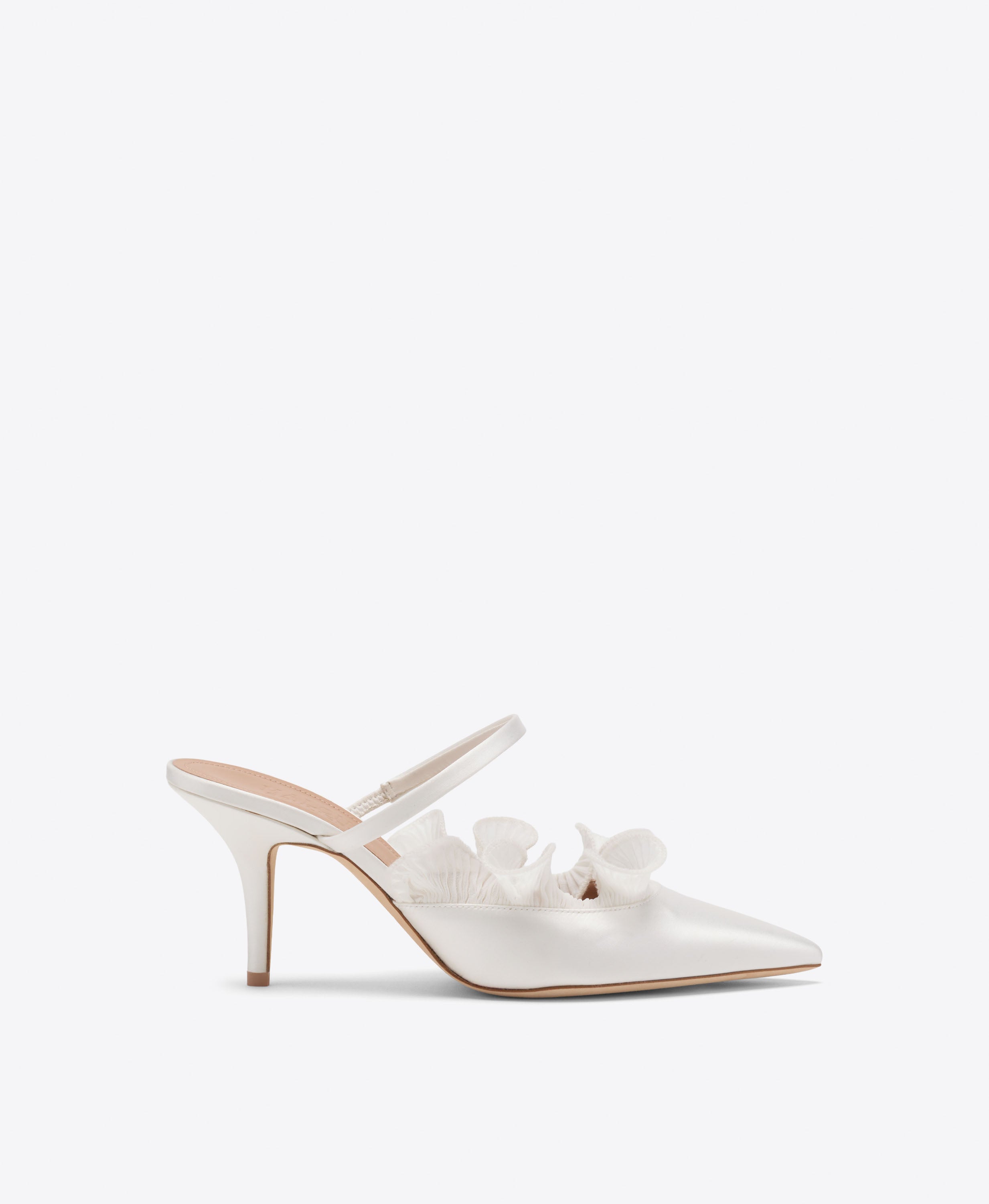 Malone Souliers|Cecile 70 White Satin Heeled Mules