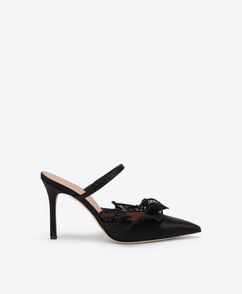 Cecile 90 Black Satin Heeled Mules Malone Souliers