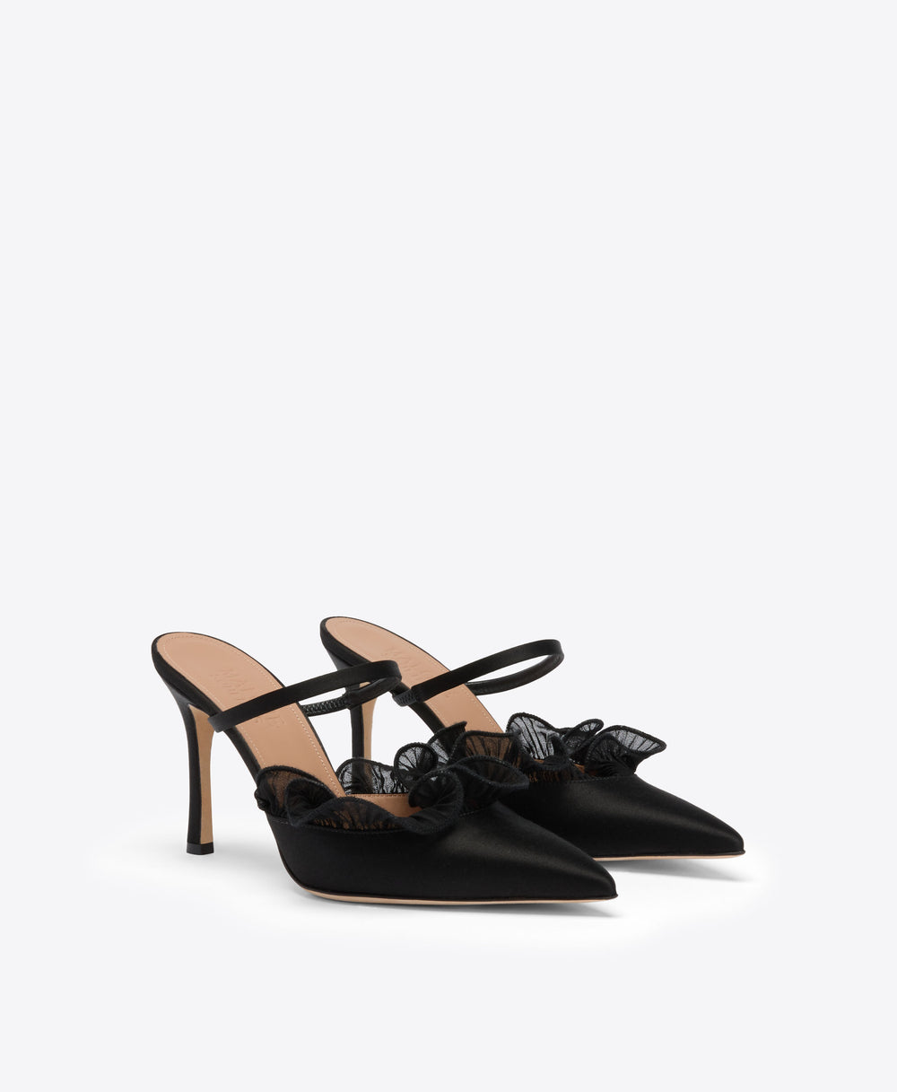 Cecile 90 Black Satin Heeled Mules Malone Souliers