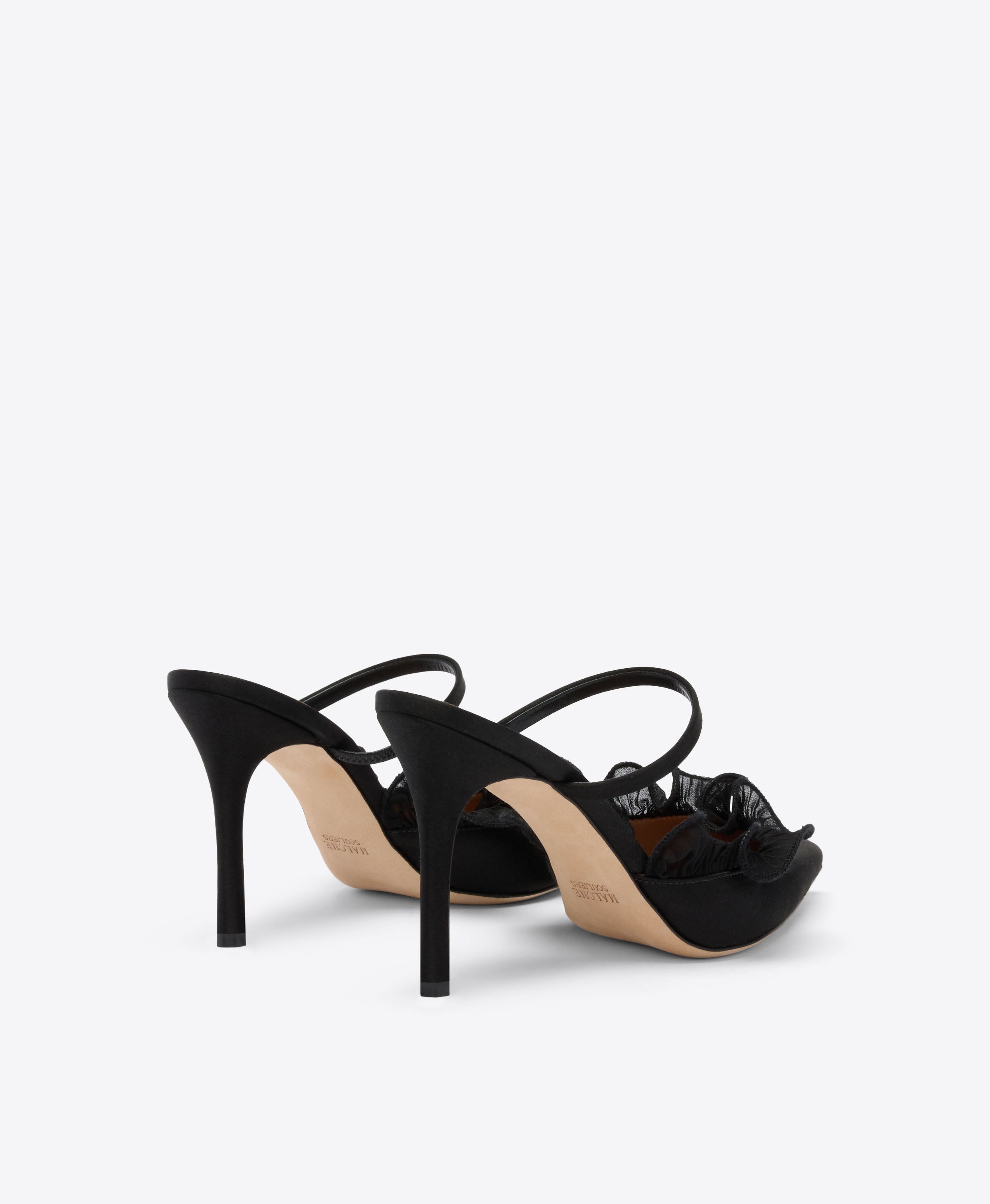 Cecile 90 Black Satin Heeled Mules | Malone Souliers
