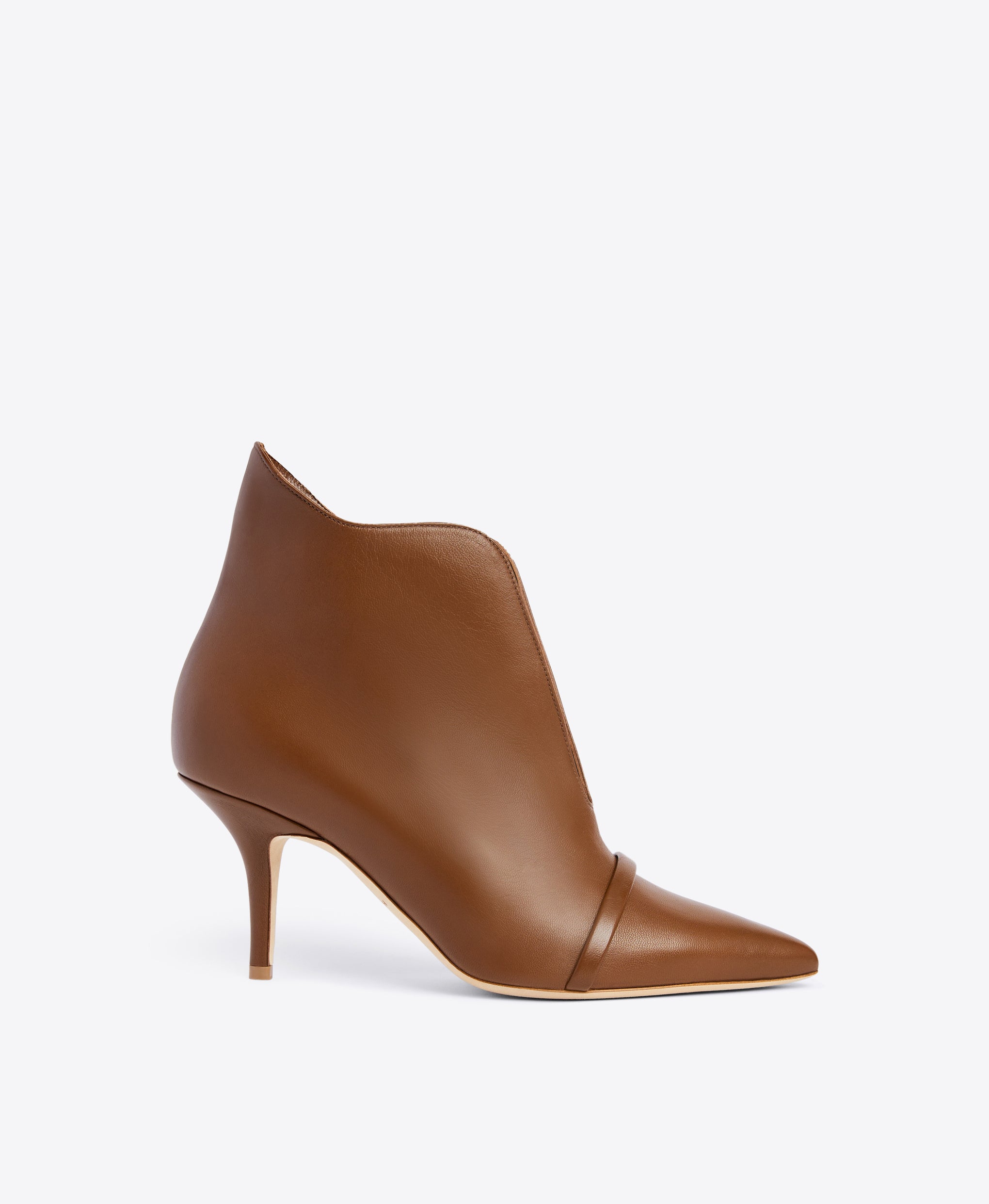 Dark Brown Leather Pointed Toe Stiletto Bootie with Deep V-cut | Malone Souliers