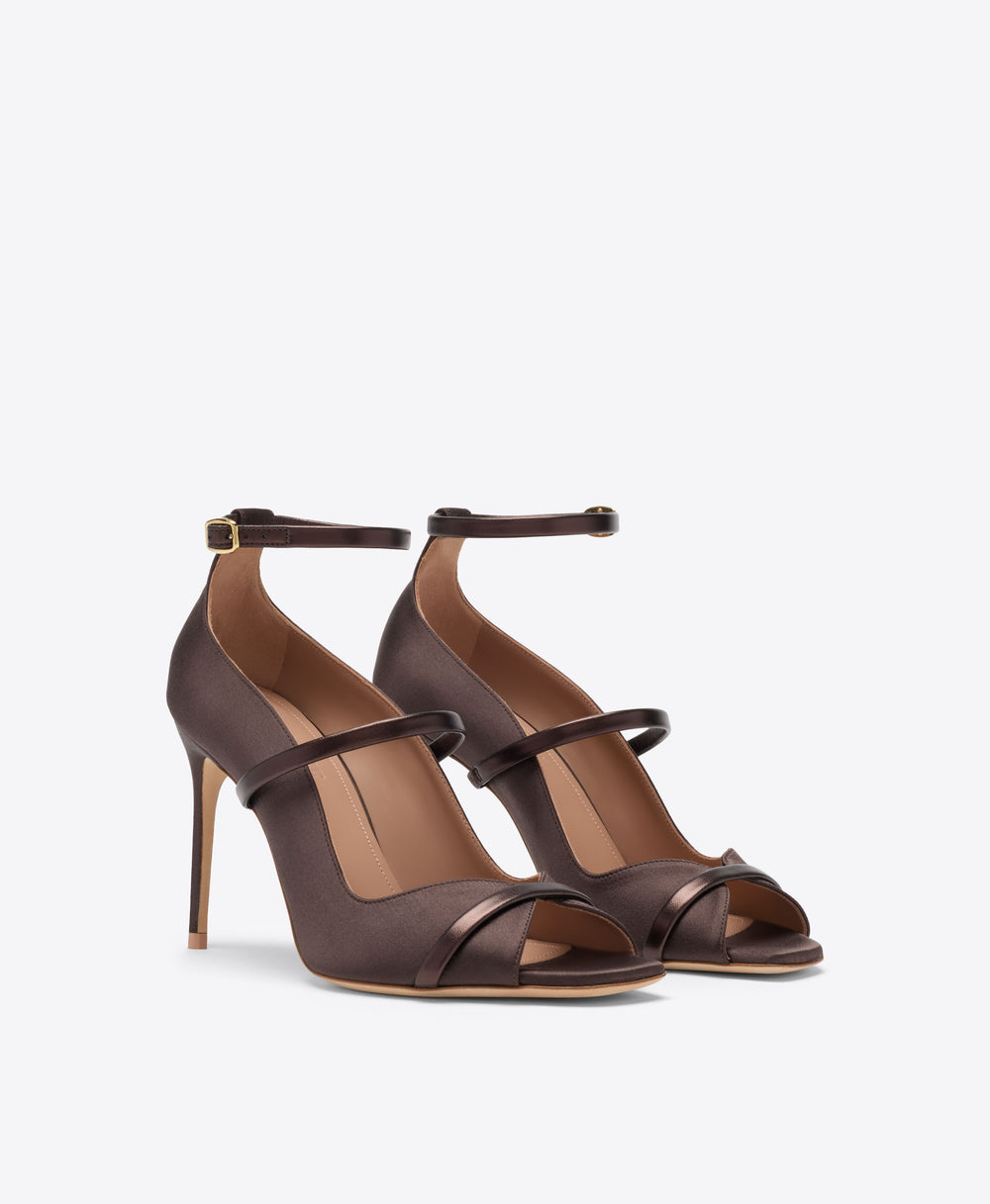 Cynthia 90 Dark Brown Satin Heeled Sandals Malone Souliers