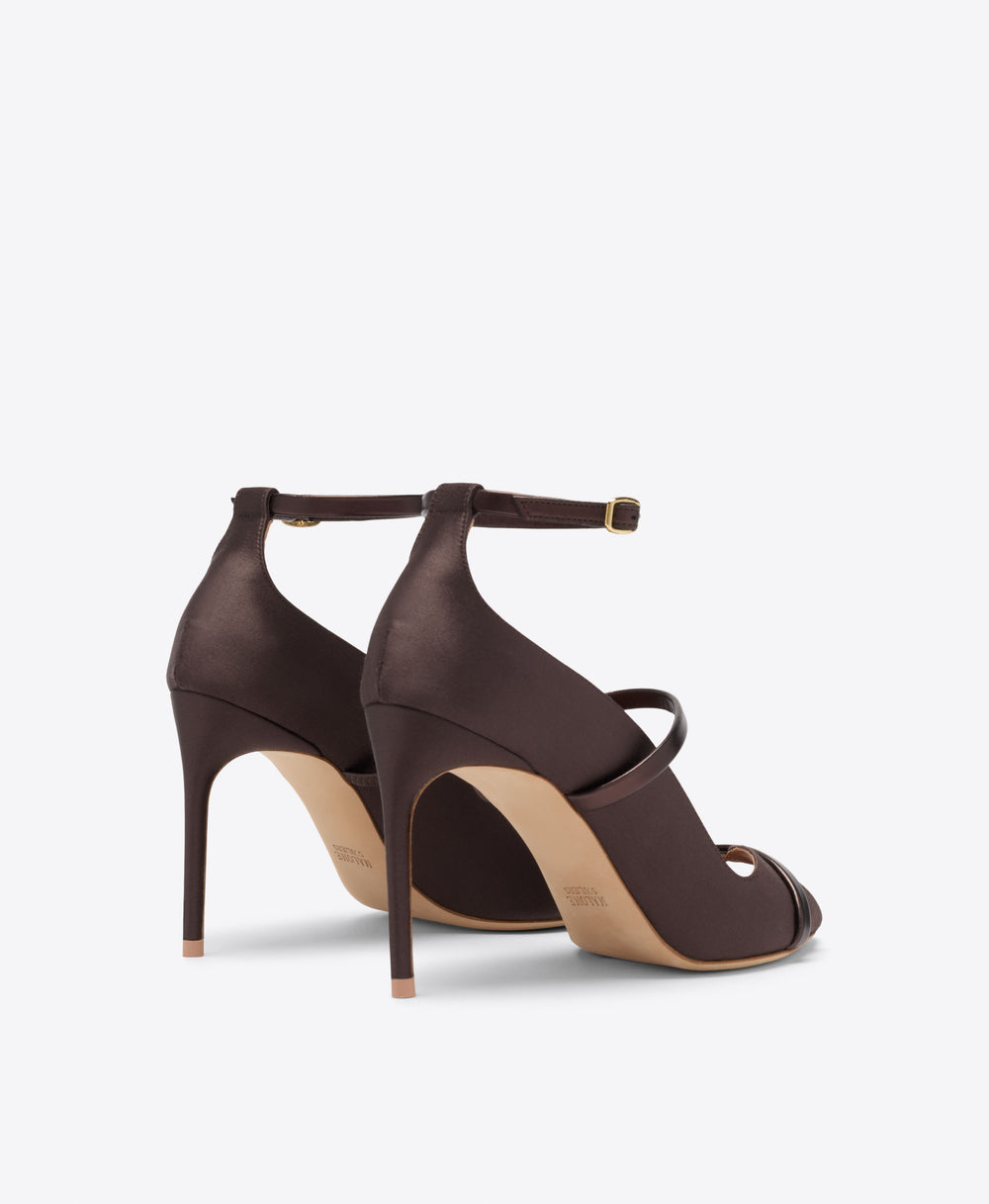 Cynthia 90 Dark Brown Satin Heeled Sandals Malone Souliers