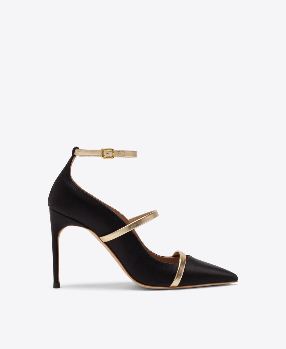 Diaz 90 Black & Gold Satin Heeled Pumps Malone Souliers