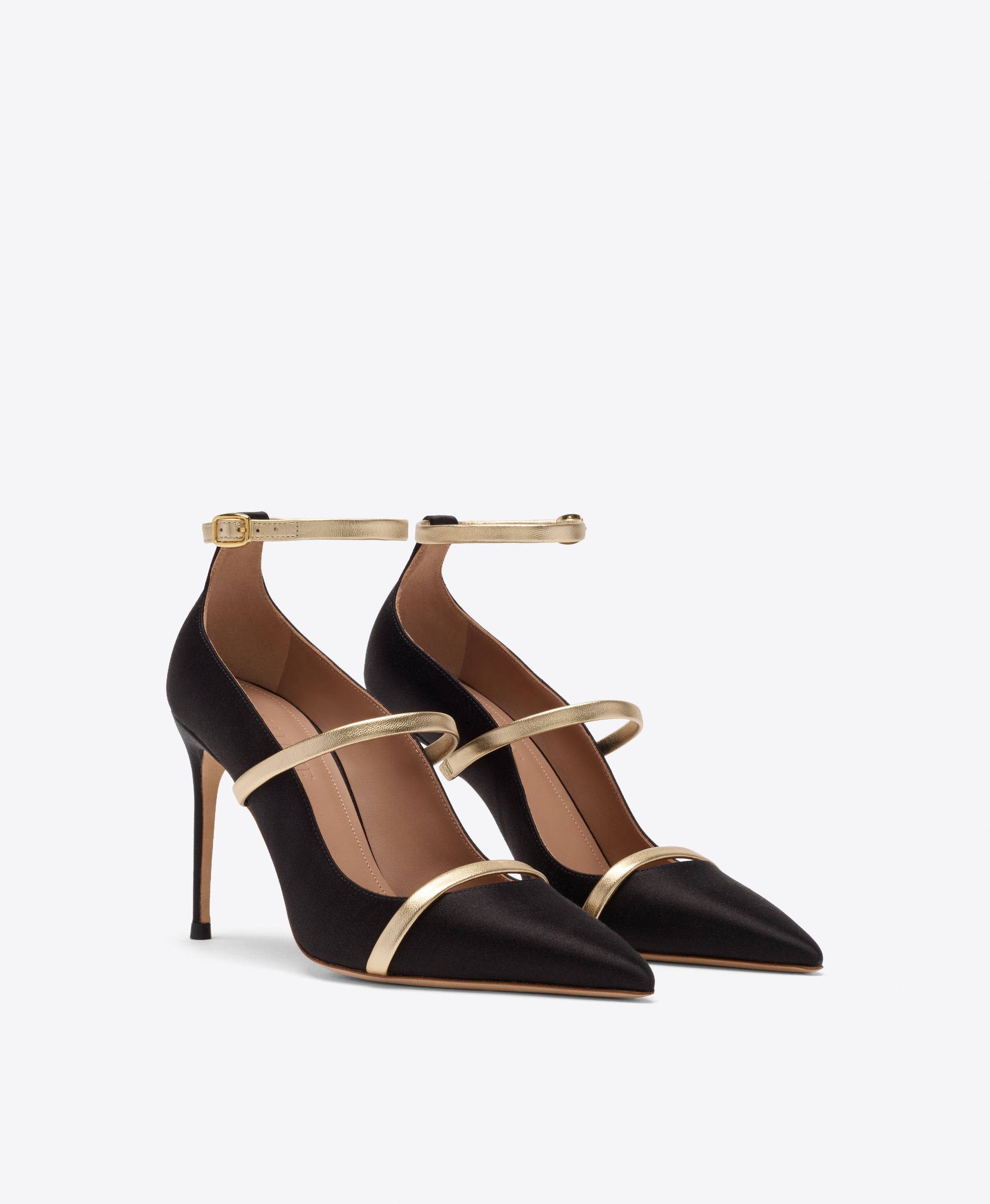 Diaz 90 Black & Gold Satin Heeled Pumps Malone Souliers