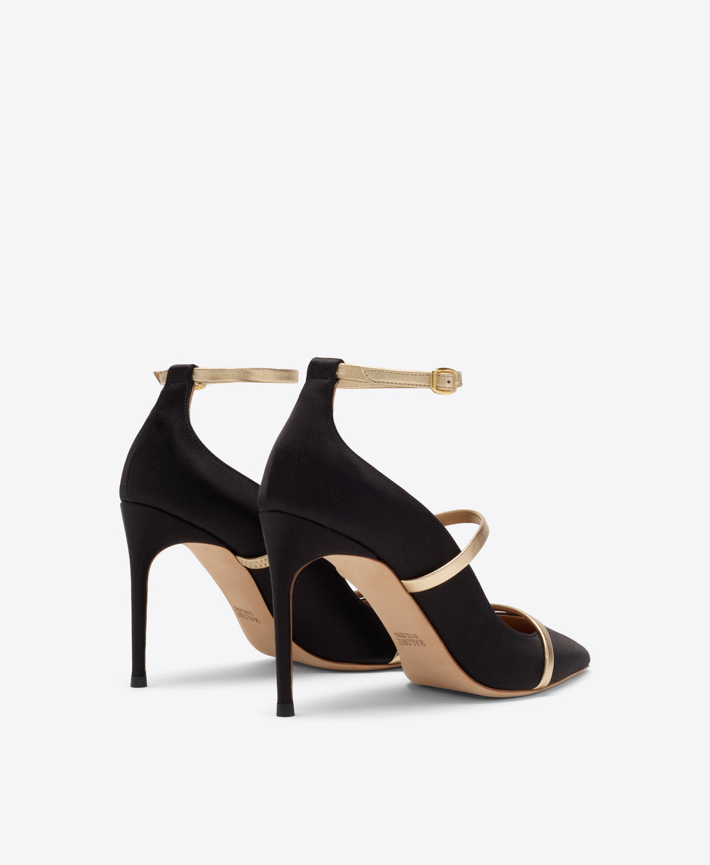 Diaz 90 Black & Gold Satin Heeled Pumps Malone Souliers