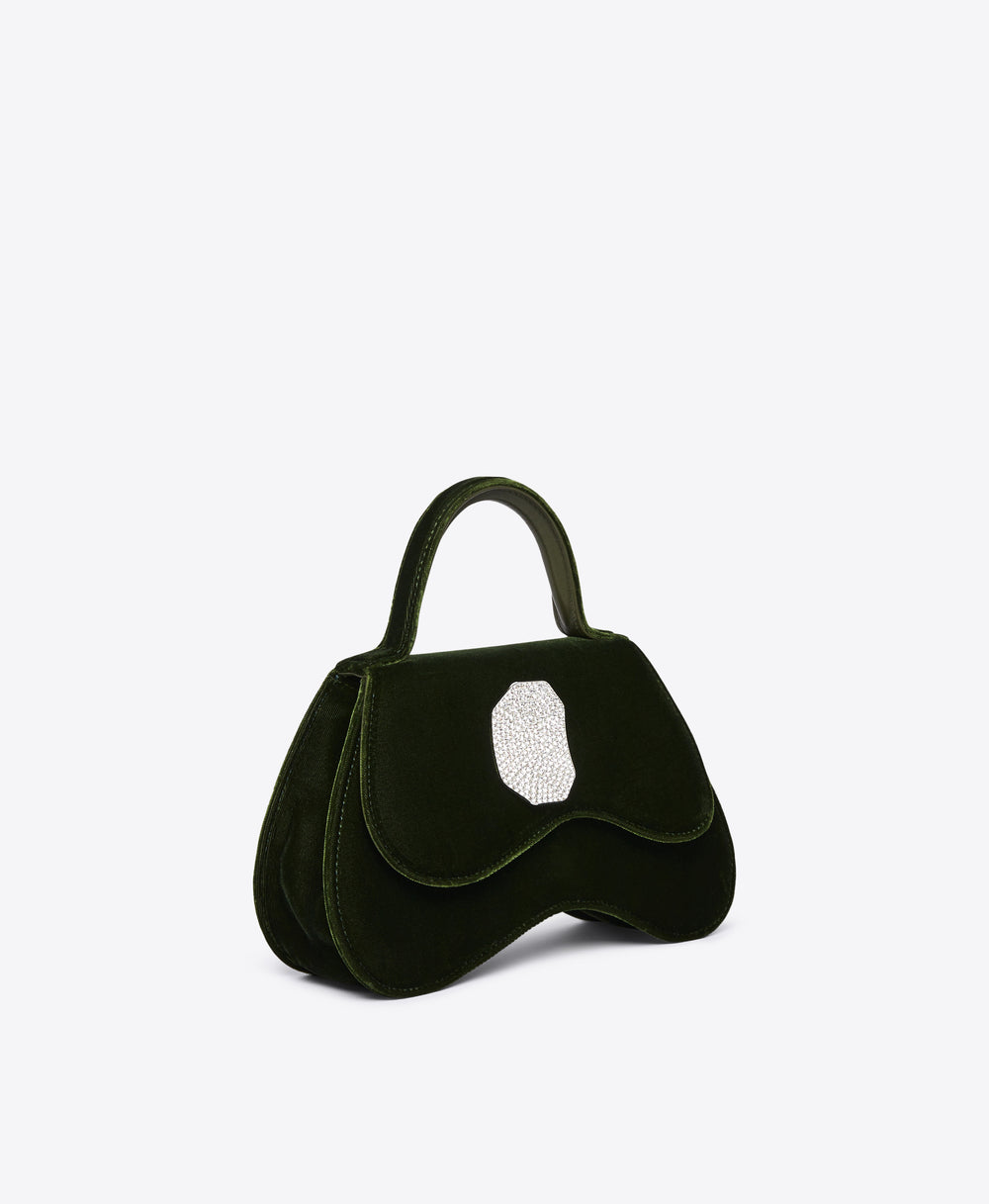 Women's Small Pine Green Velvet Top Handle Bag with Crystal