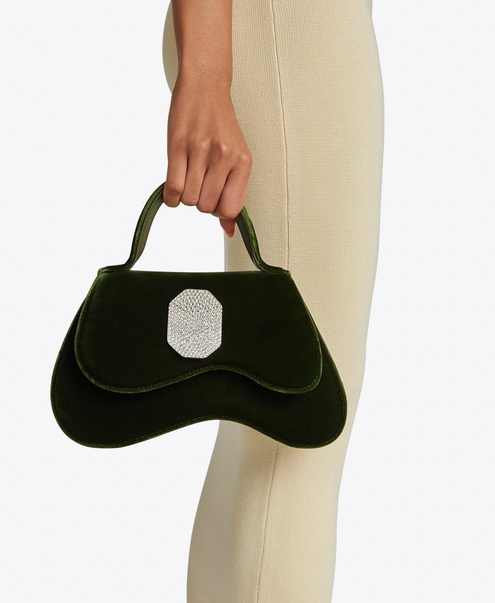 Women's Small Pine Green Velvet Top Handle Bag with Crystal Ornament | Malone Souliers