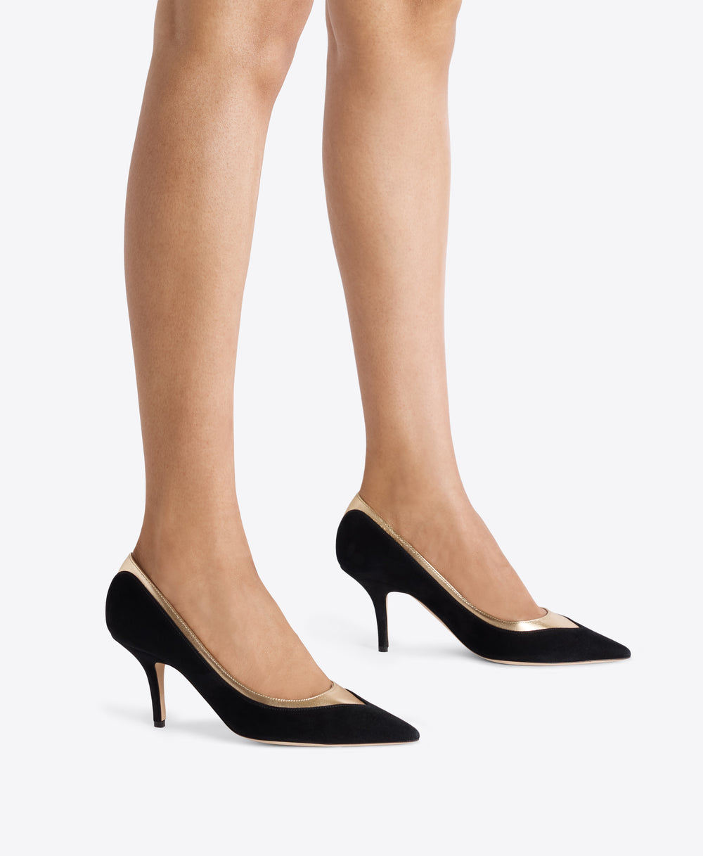Emmanuelle 70 Black & Gold Suede Heeled Pumps  Malone Souliers