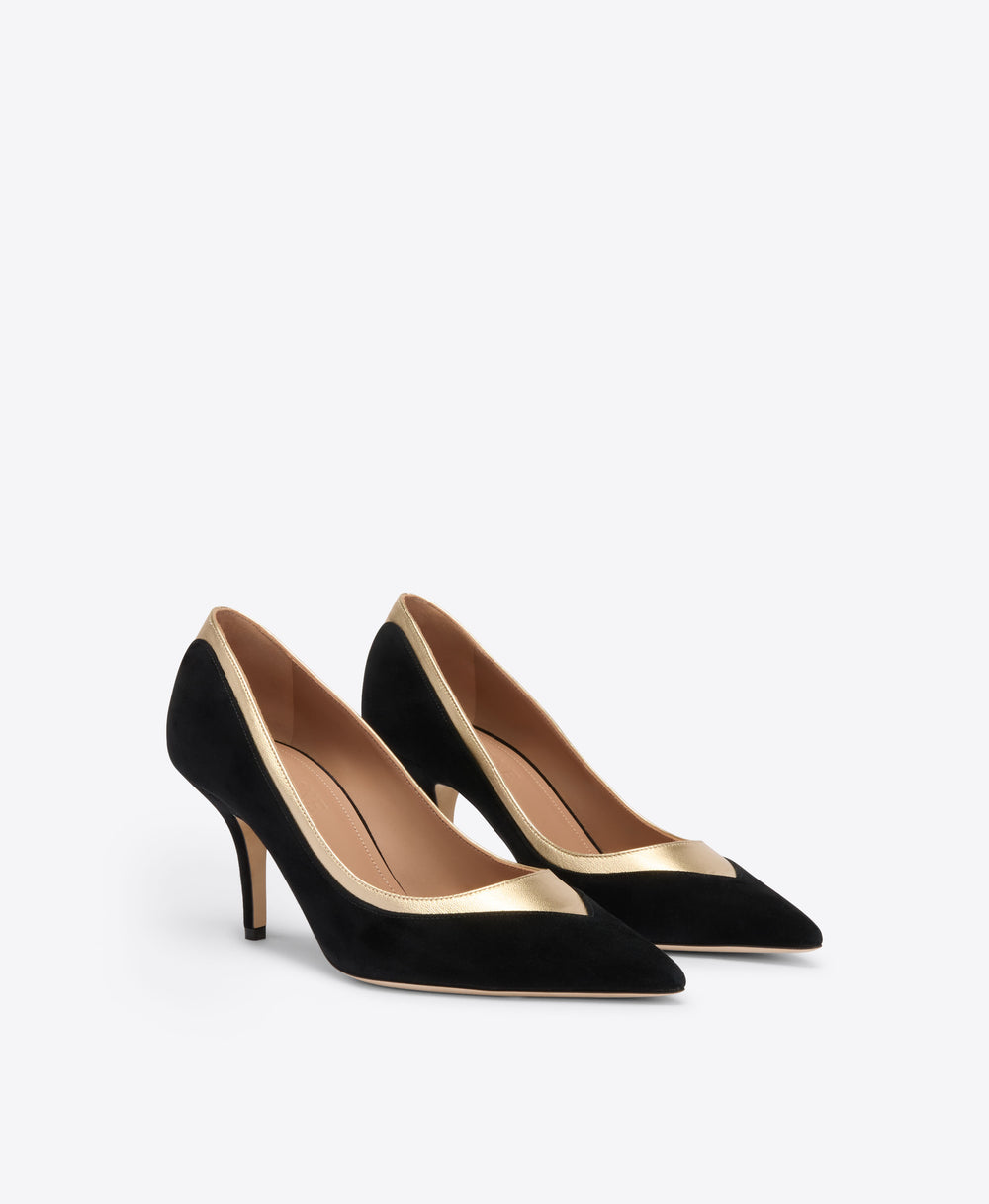 Emmanuelle 70 Black & Gold Suede Heeled Pumps  Malone Souliers