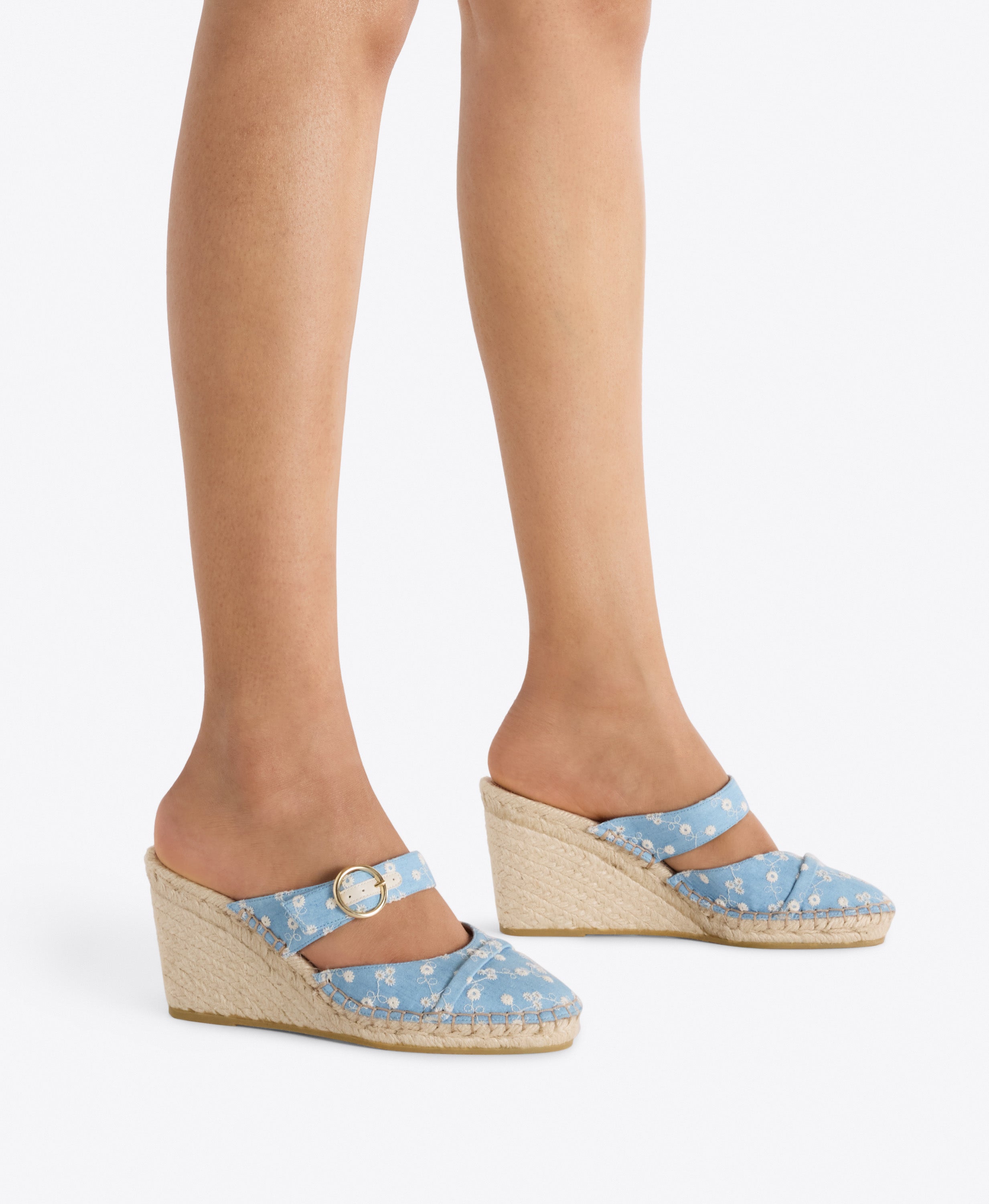 Farah 70 Blue Floral Denim Wedge Mules | Malone Souliers