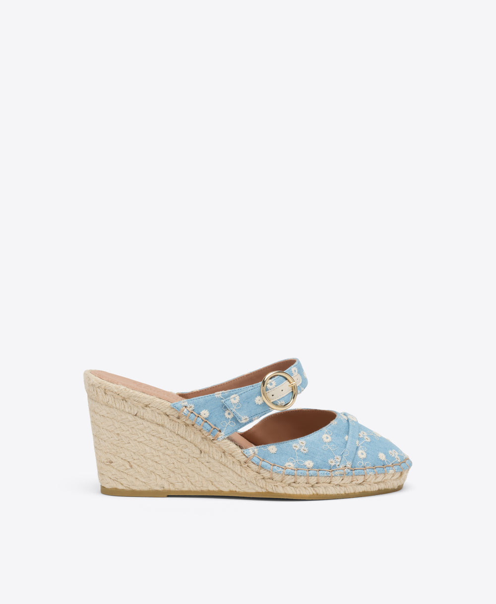 Farah 70 Blue Floral Denim Wedge Mules Malone Souliers
