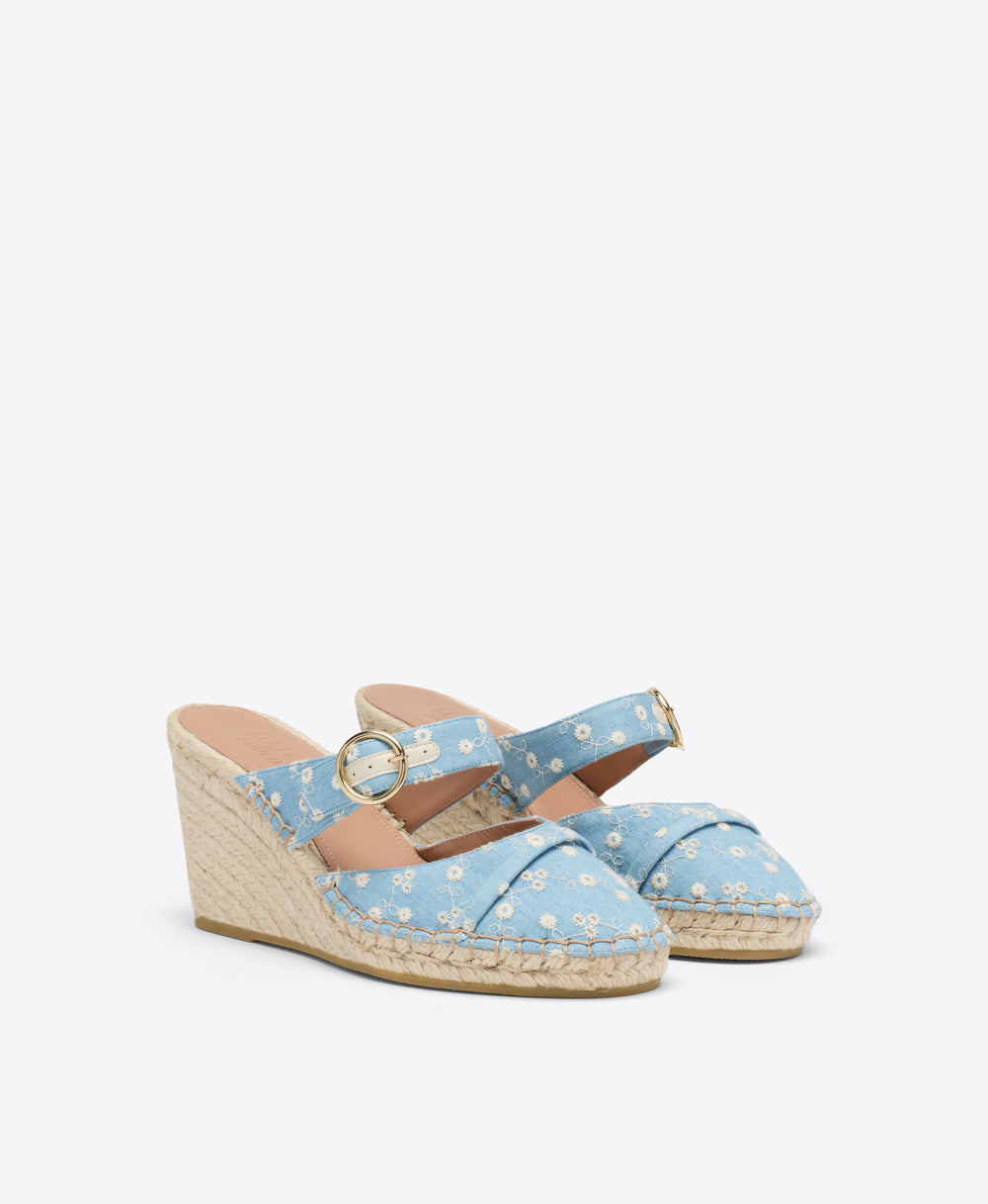Farah 70 Blue Floral Denim Wedge Mules Malone Souliers