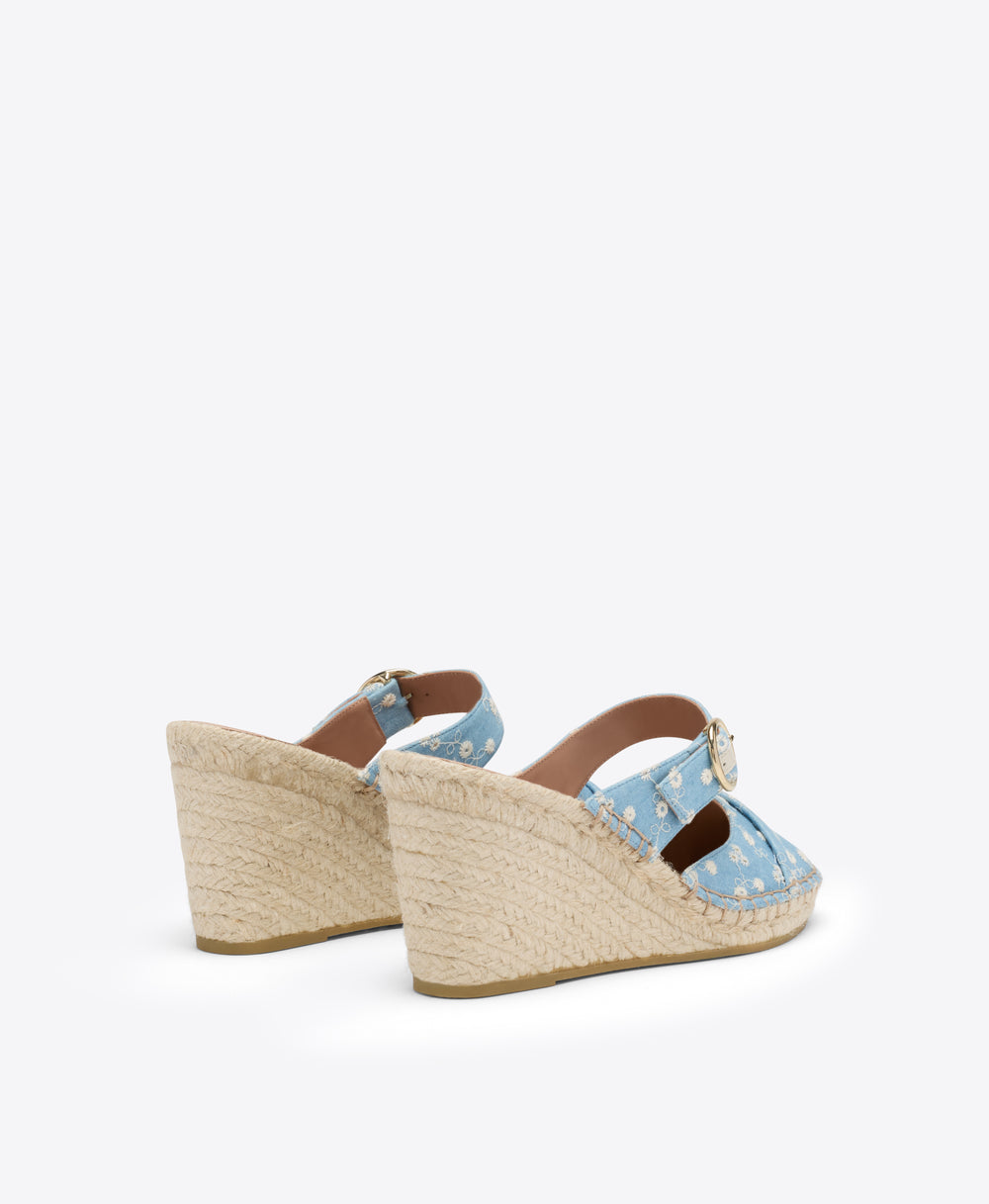 Farah 70 Blue Floral Denim Wedge Mules Malone Souliers