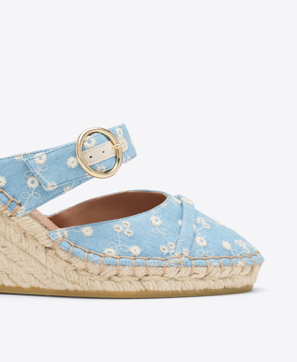 Farah 70 Blue Floral Denim Wedge Mules Malone Souliers