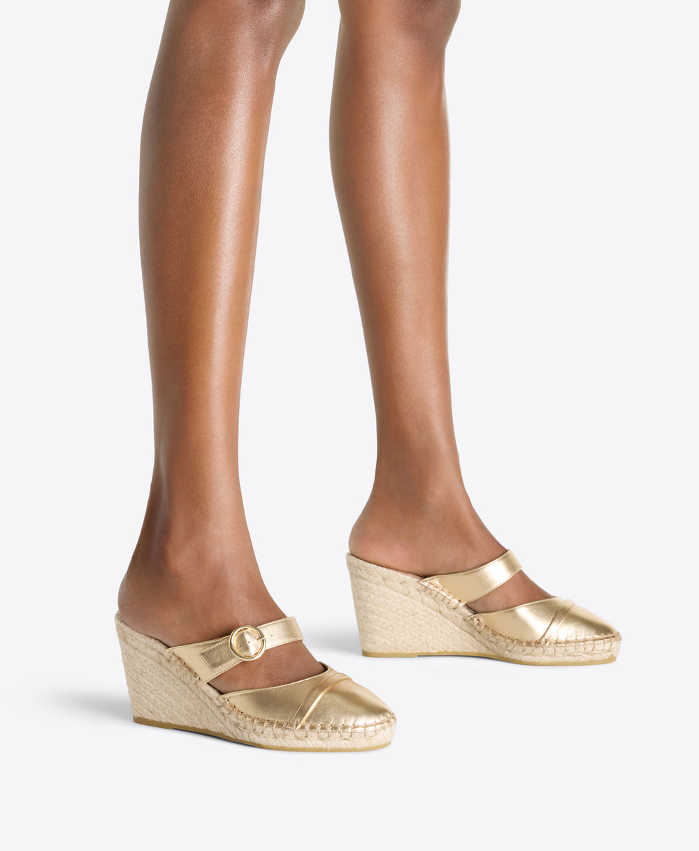 Farah 70 Gold Metallic Leather Wedge Mules Malone Souliers