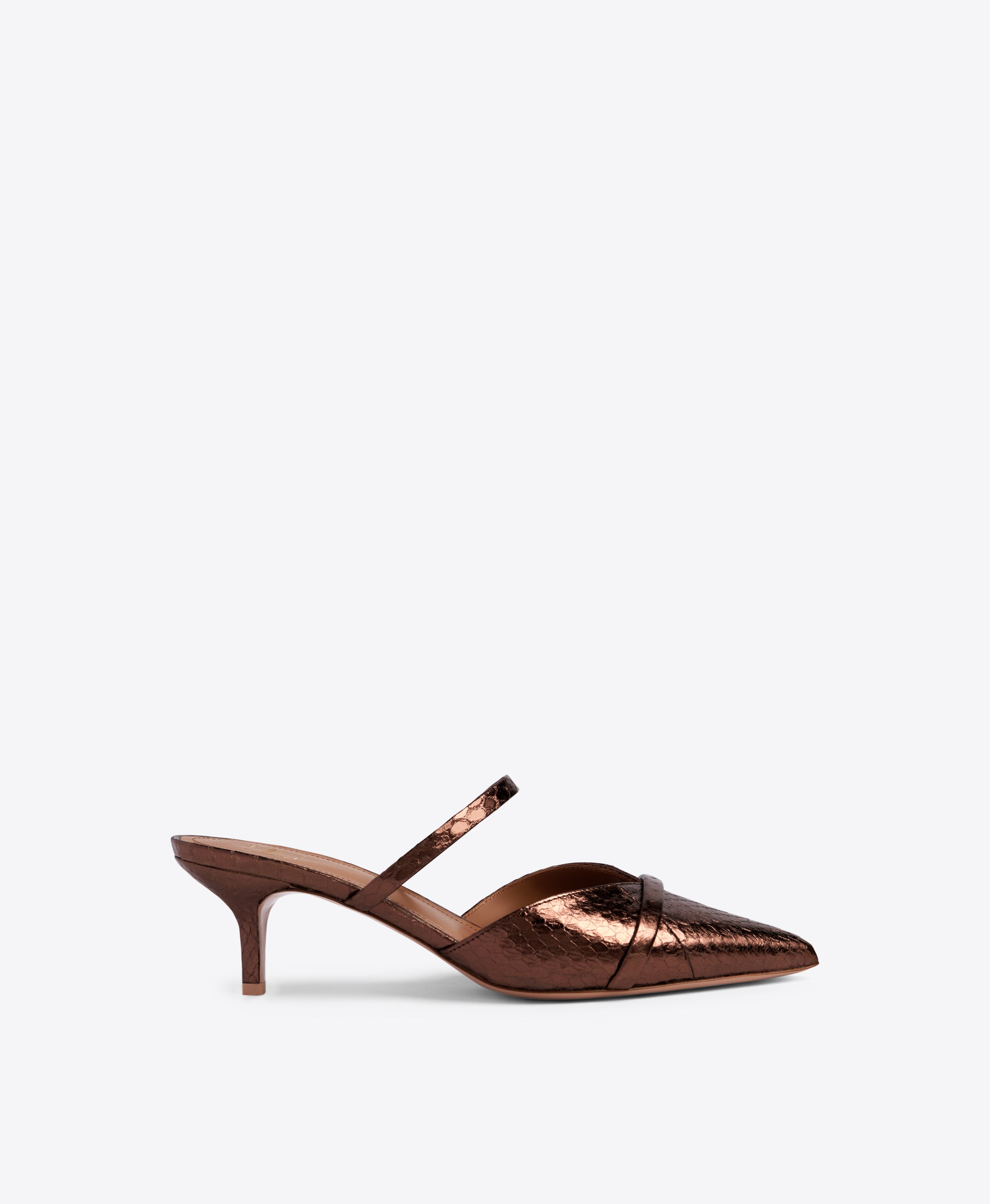 Double Strap Pointed Toe Stiletto Mules in Dark Brown Metallic | Malone Souliers
