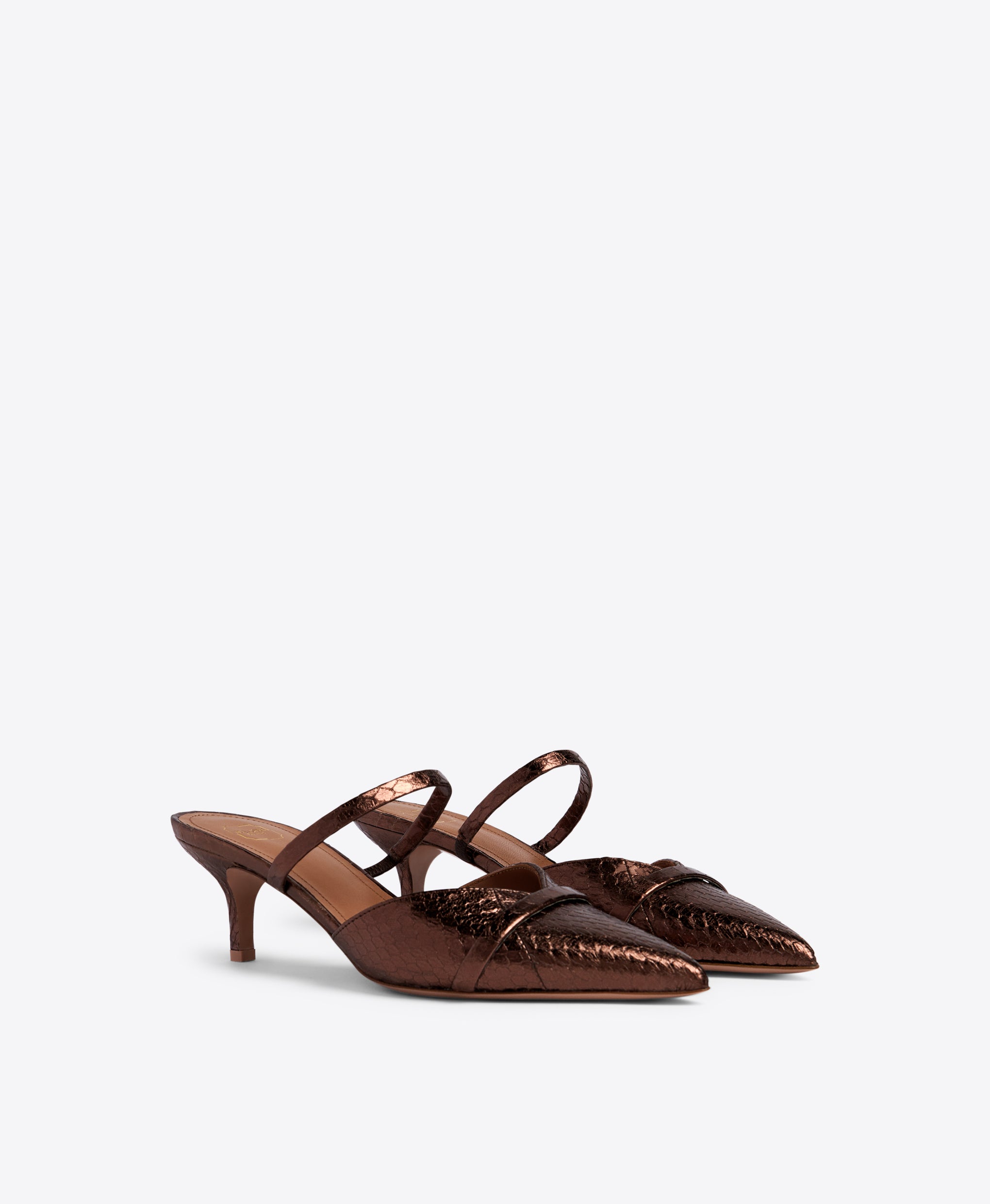 Double Strap Pointed Toe Stiletto Mules in Dark Brown Metallic | Malone Souliers