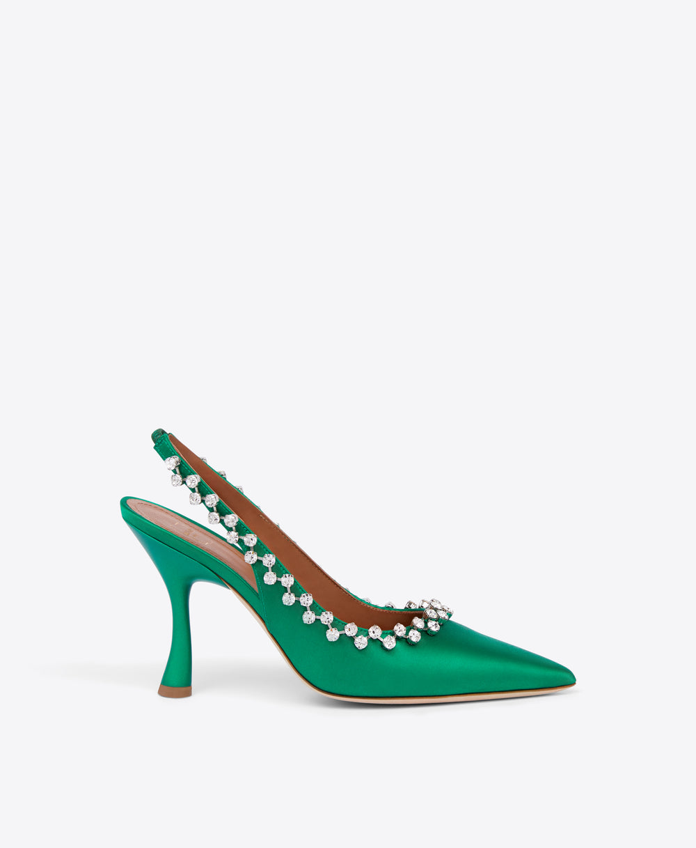 Giselle 90 Green Satin Slingback Heels| Malone Souliers