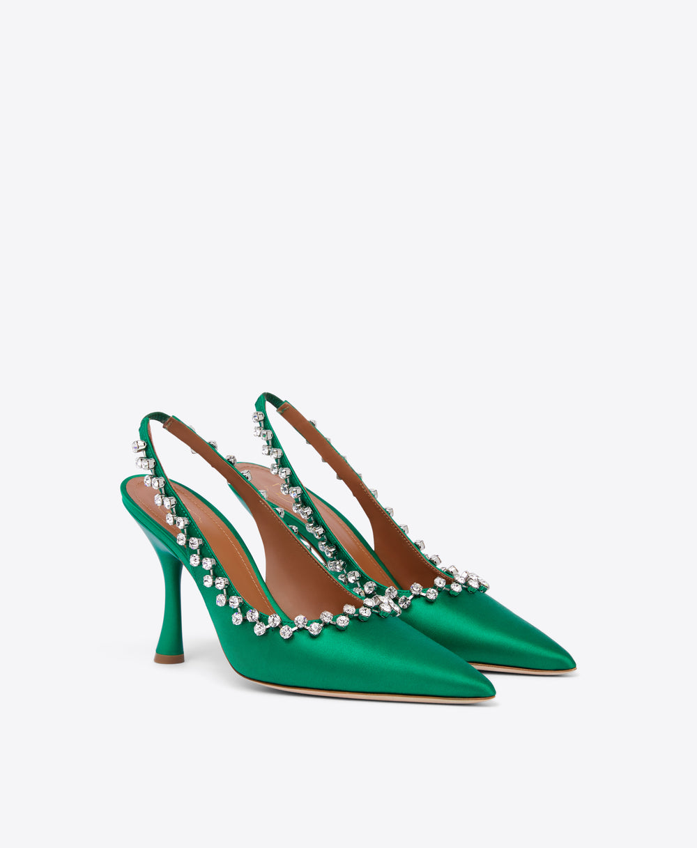 Giselle 90 Green Satin Slingback Heels| Malone Souliers